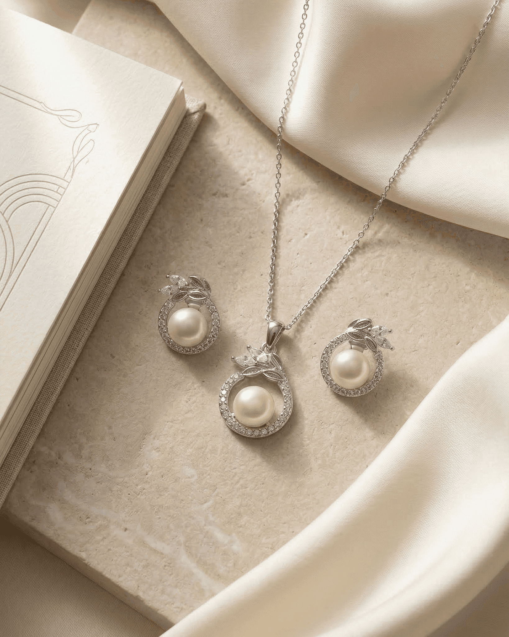 92.5 Sterling Silver Pearl Pendant Set | CZ Leaf Motif Tops (Chain Not Included)