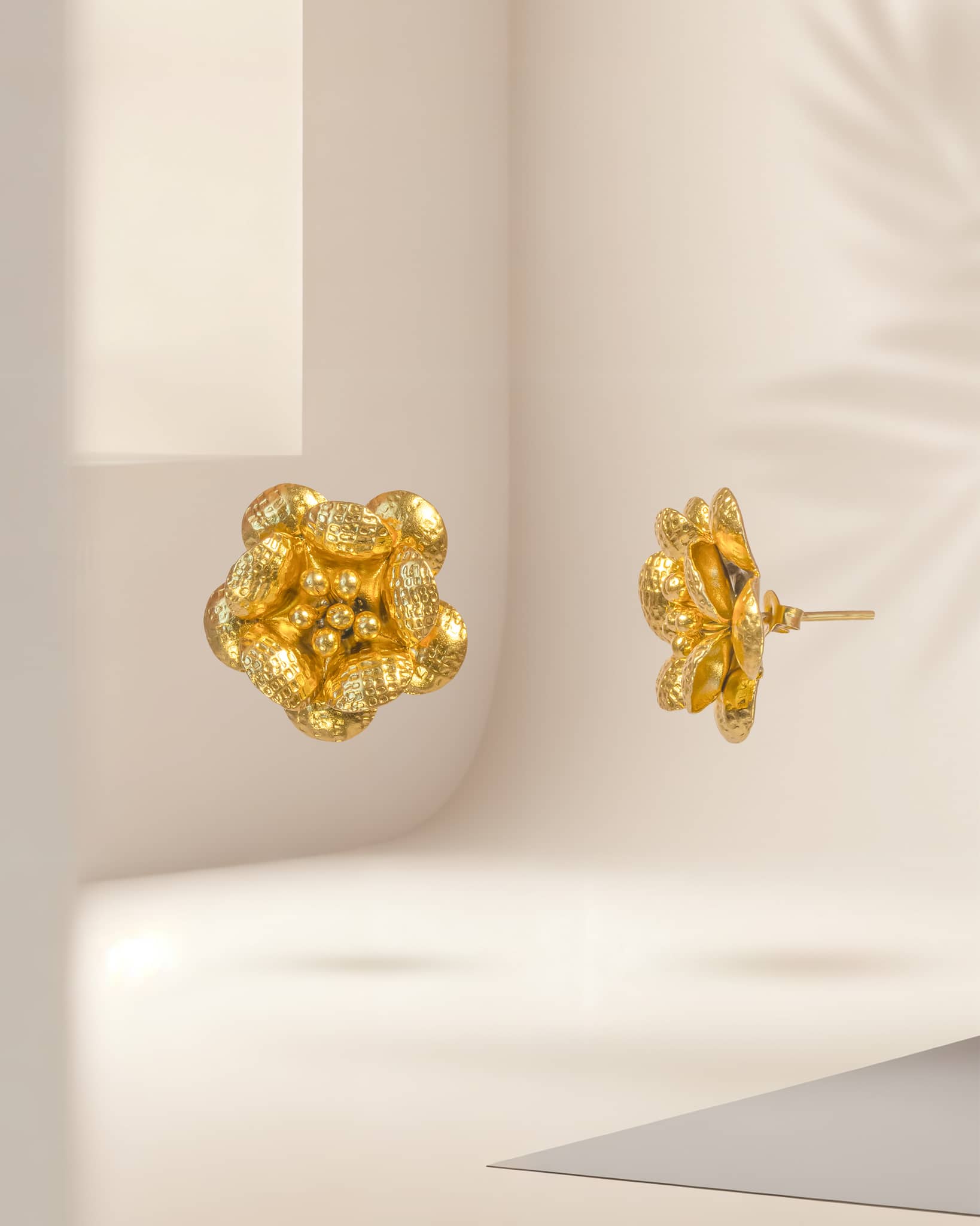 Premium Gold Plated Silver 3D Floral Stud Earrings | Antique Hammered Texture Flower