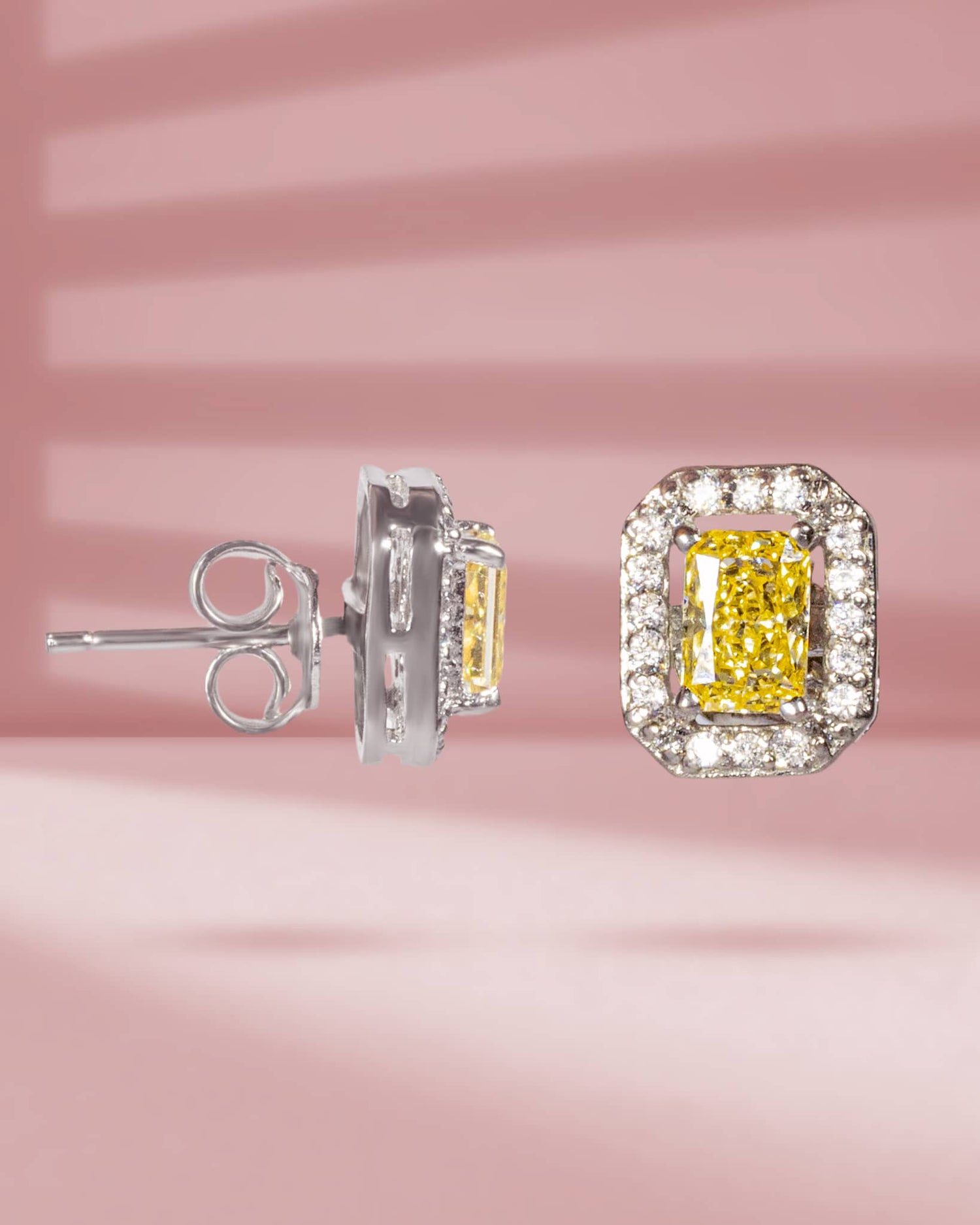 925 Sterling Silver Canary Yellow Radiant Cut Halo Stud Earrings | Luxury Cocktail Tops