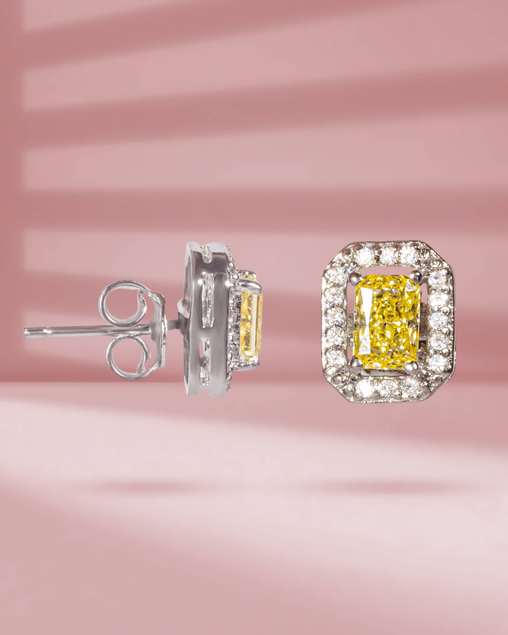 925 Sterling Silver Canary Yellow Radiant Cut Halo Stud Earrings | Luxury Cocktail Tops