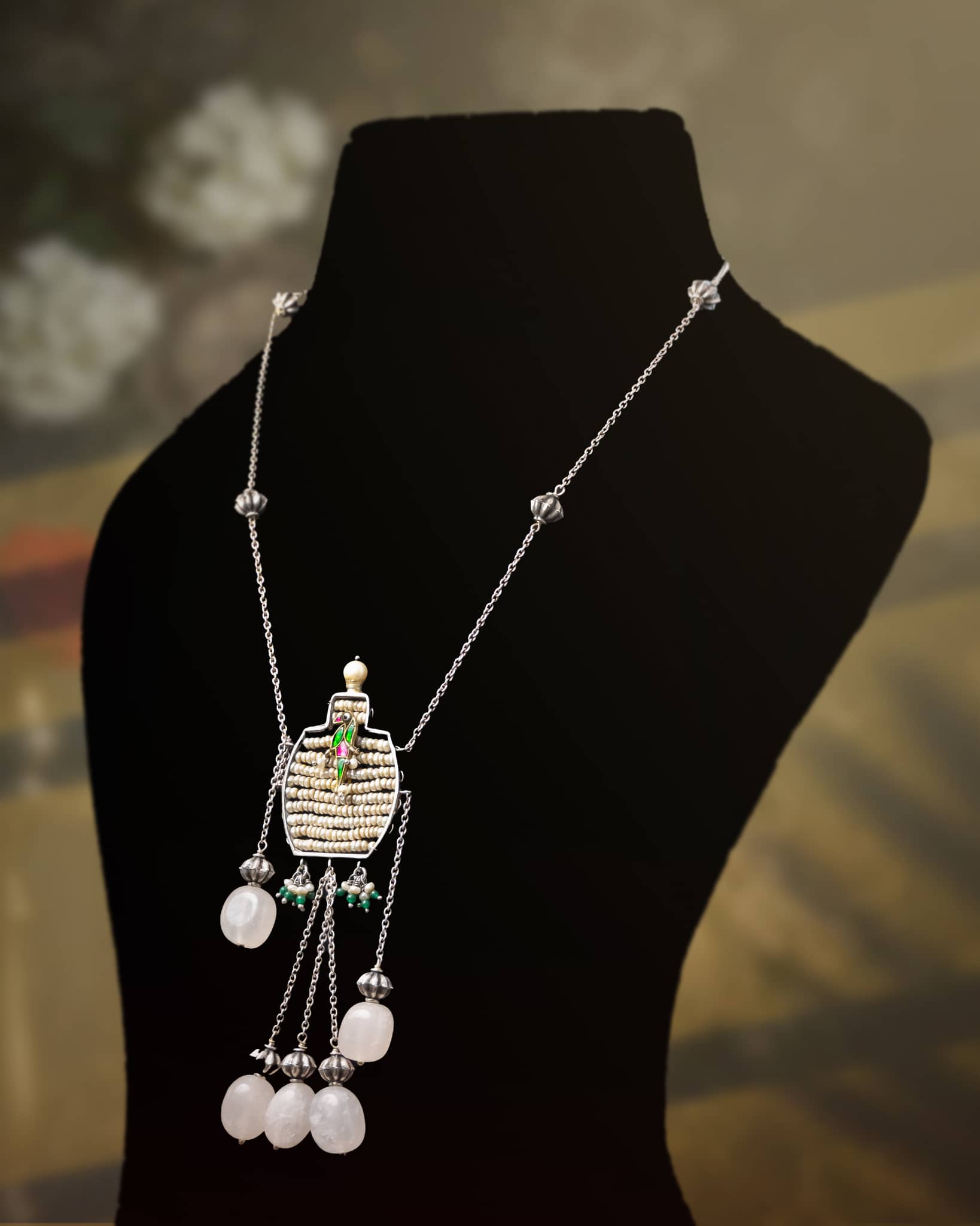 92.5 Sterling Silver Pearl Woven Pendant Long Necklace | Enamel Bird & Rose Quartz Tassel Haar