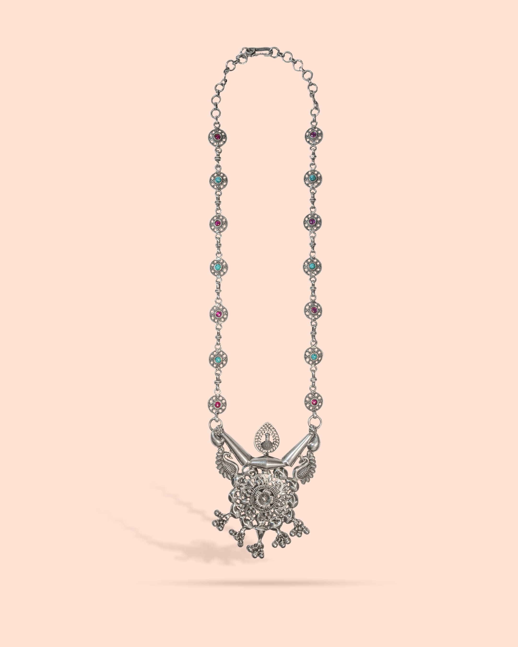 92.5 Sterling Silver Oxidized Filigree Statement Necklace with Multi-Stone Accents