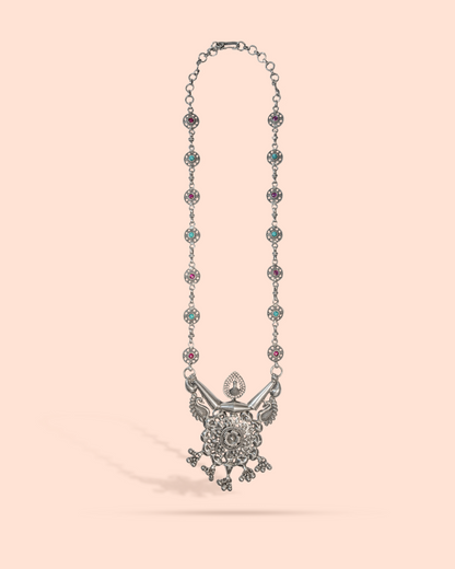 92.5 Sterling Silver Oxidized Filigree Statement Necklace with Multi-Stone Accents