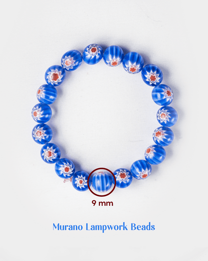 Blue Murano Style Millefiori Bead Bracelet | Floral Designer Wristlet
