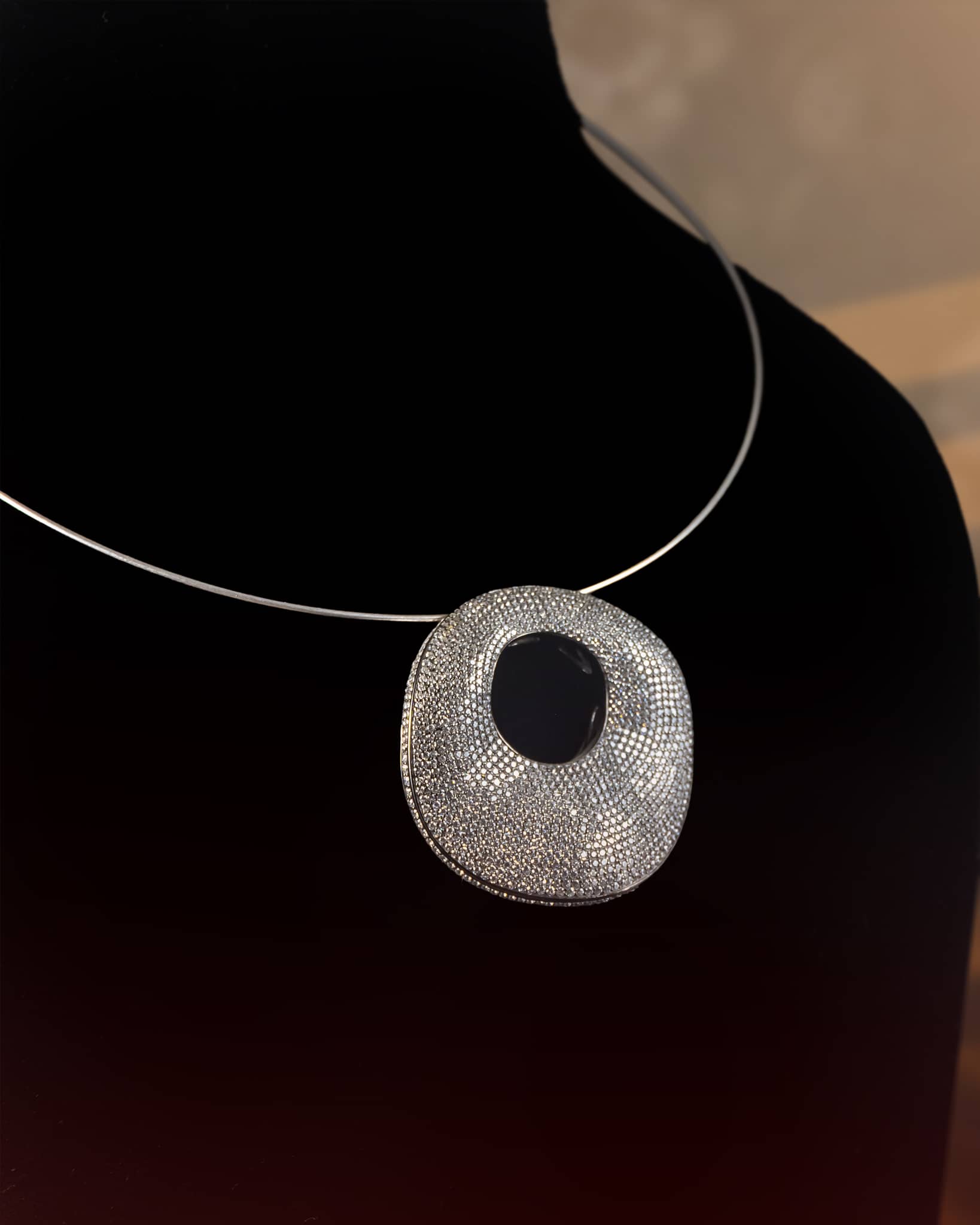 92.5 Sterling Silver American Diamond Pave Disc Hasli Necklace | Modern Crystal Collar