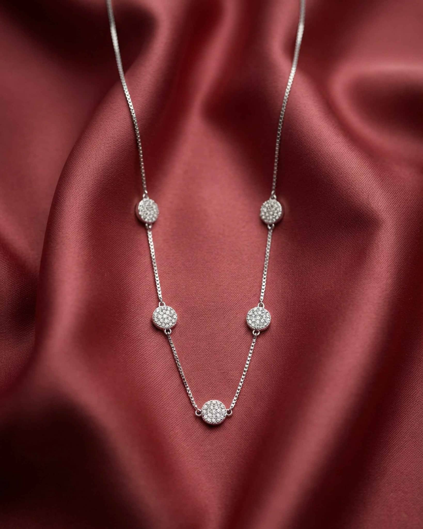 92.5 Sterling Silver Round Pave Disc Station Necklace | CZ Circle Charm Chain