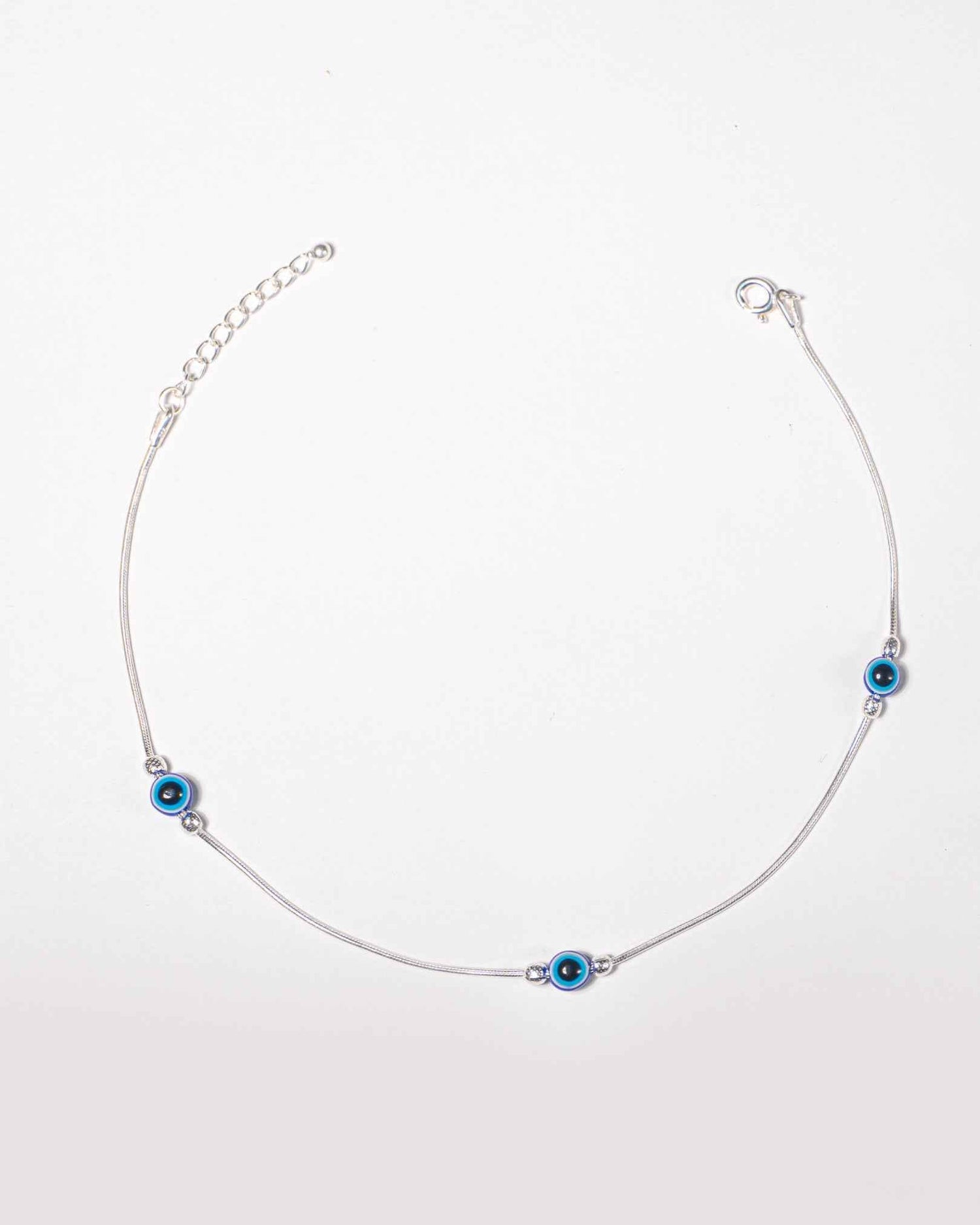 92.5 Sterling Silver Evil Eye Station Anklet | Blue Nazar Bead Snake Chain Payal