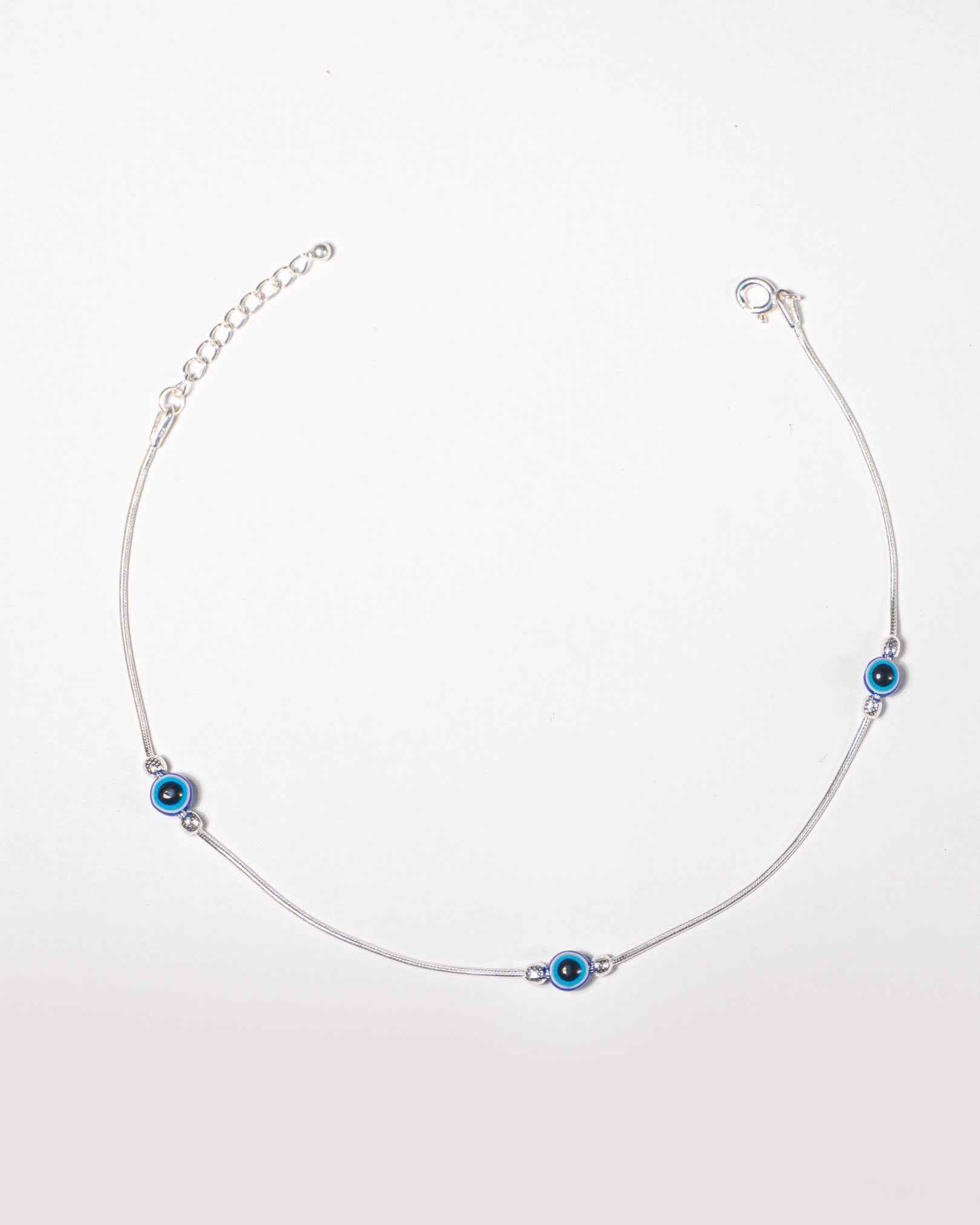 92.5 Sterling Silver Evil Eye Station Anklet | Blue Nazar Bead Snake Chain Payal