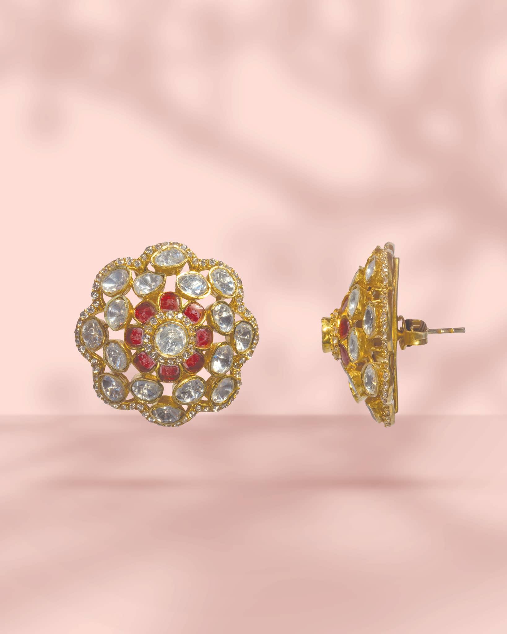 Premium 925 Sterling Silver Gold Plated Polki Floral Studs | Ruby Red Jadau Earrings
