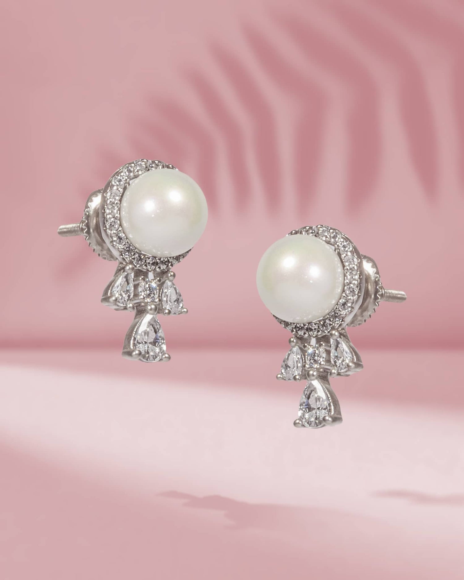 925 Sterling Silver Pearl Halo Stud Earrings with CZ Drops | Fancy Screw Back Tops