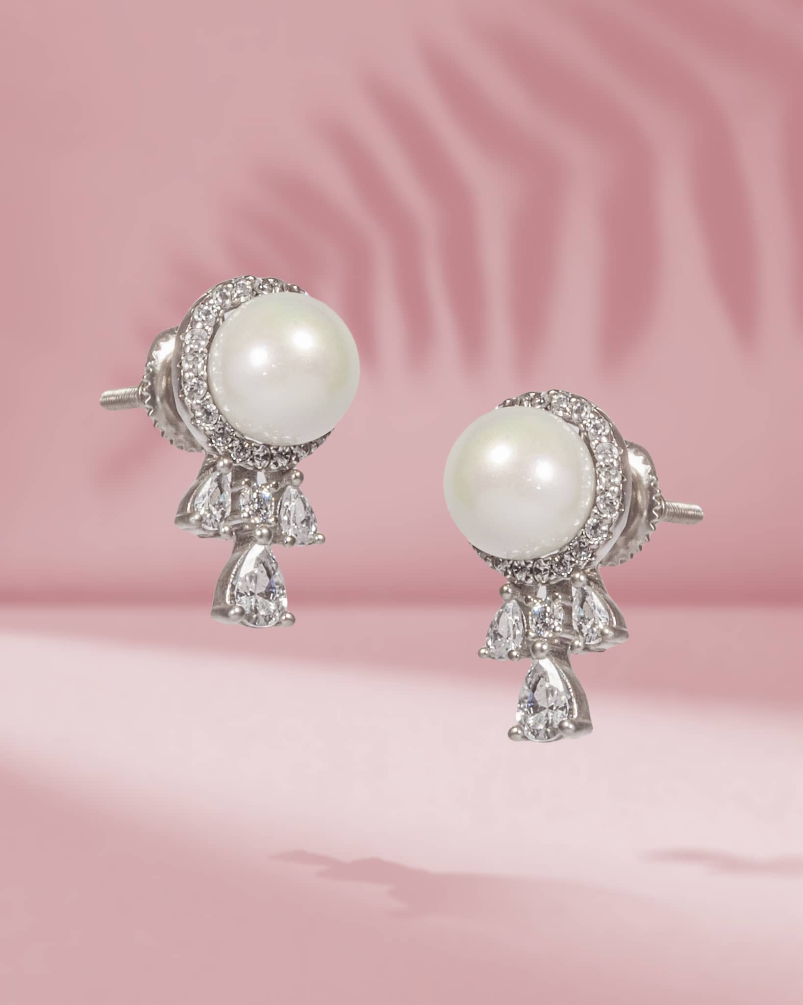 925 Sterling Silver Pearl Halo Stud Earrings with CZ Drops | Fancy Screw Back Tops