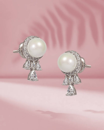 925 Sterling Silver Pearl Halo Stud Earrings with CZ Drops | Fancy Screw Back Tops