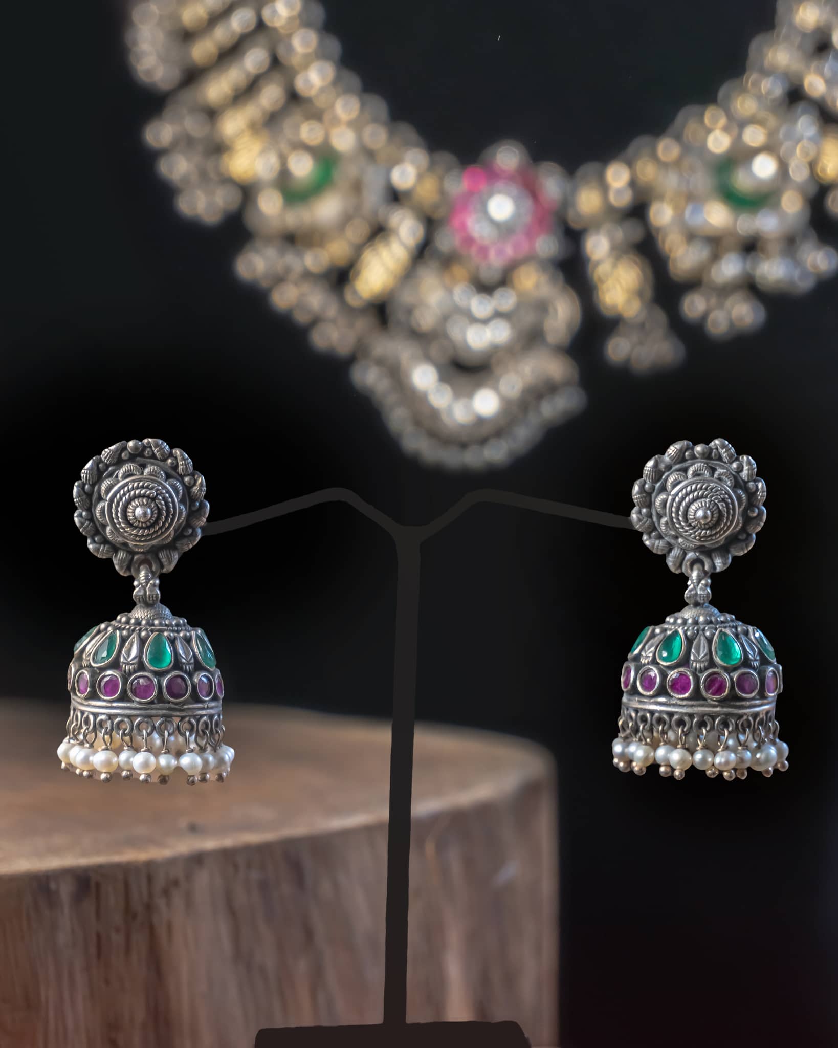 92.5 Sterling Silver Oxidized Bridal Necklace Set | Dual Tone Peacock Kundan Haar with Jhumkas