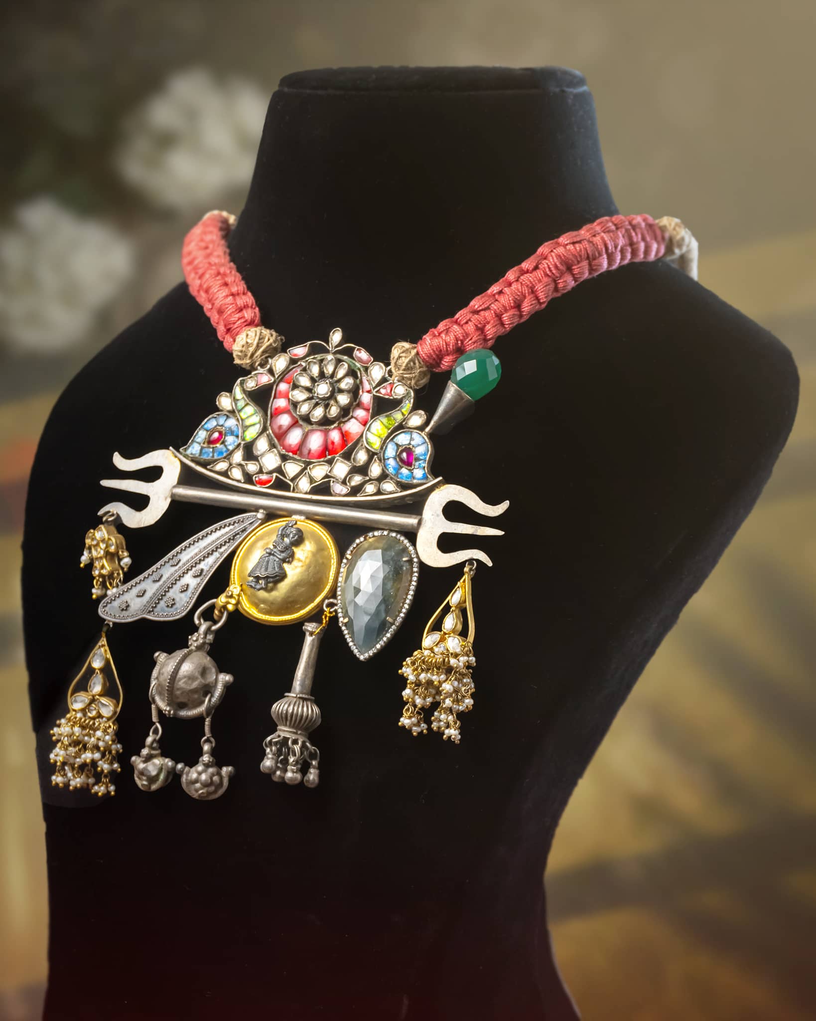 92.5 Sterling Silver Tribal Fusion Trishul Necklace | Pink Dori Charm Statement Piece