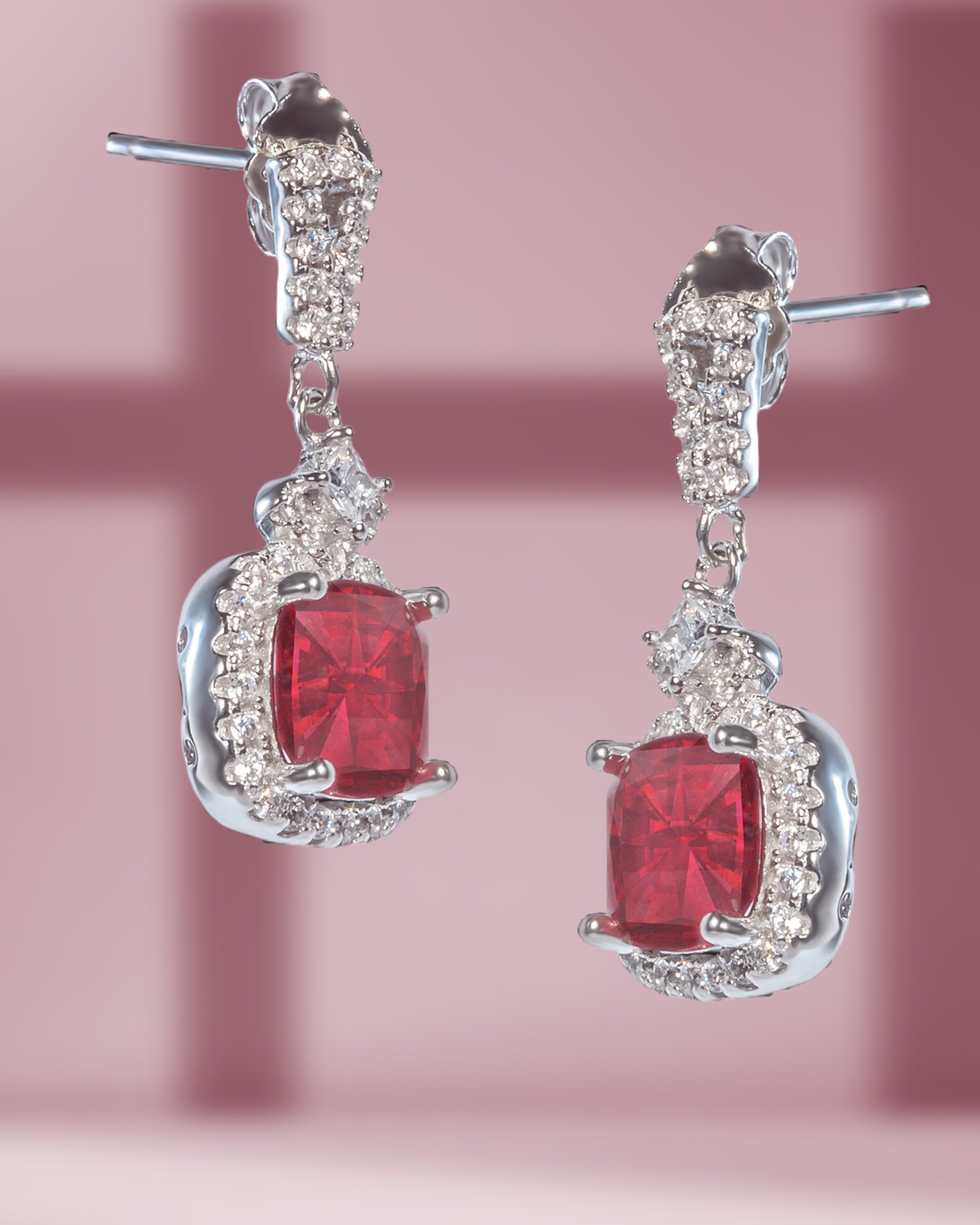 925 Sterling Silver Square Ruby Halo Earrings | Cushion Cut American Diamond Drop