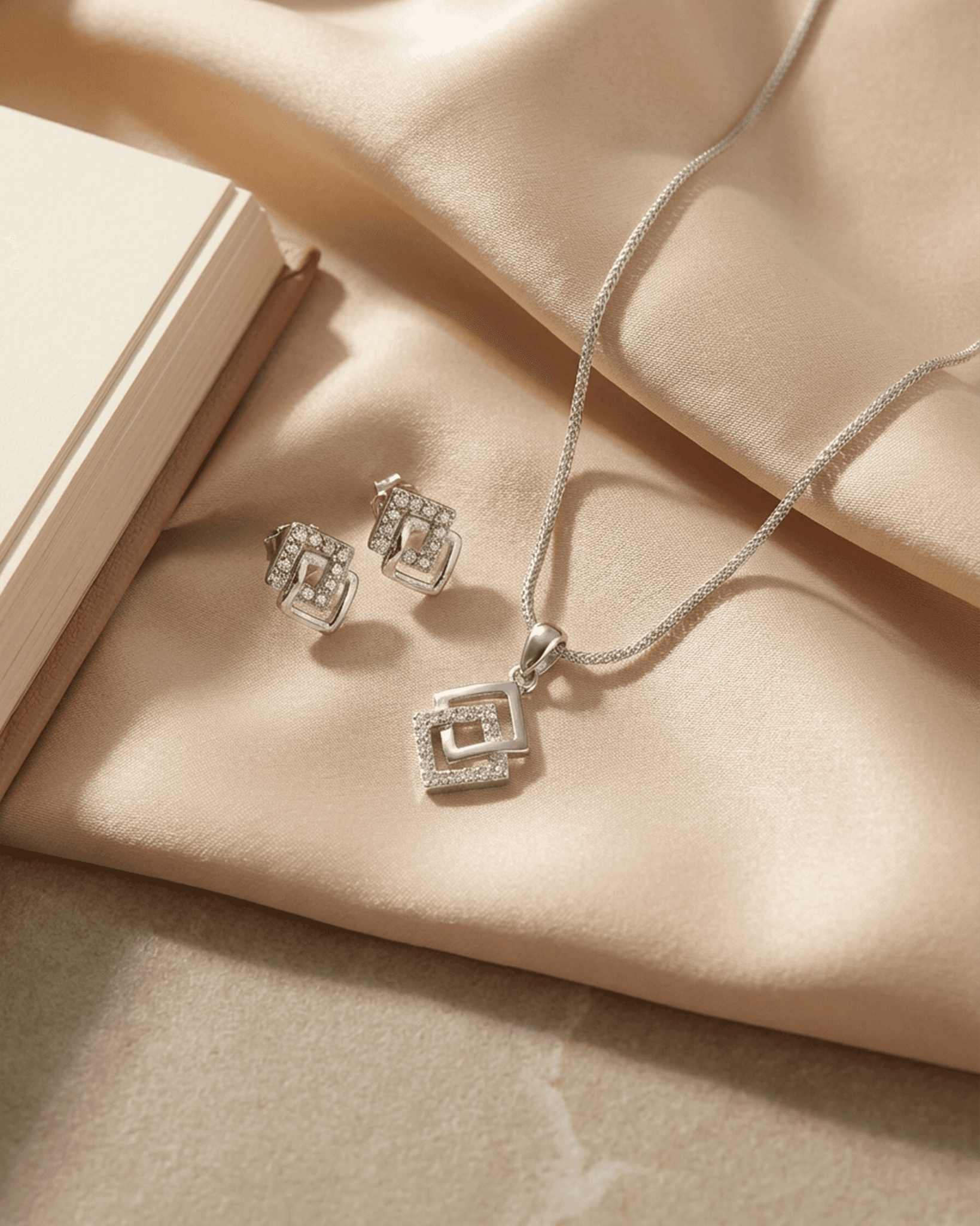 92.5 Sterling Silver Interlocking Square Pendant Set | Geometric CZ Studs (Chain Not Included)