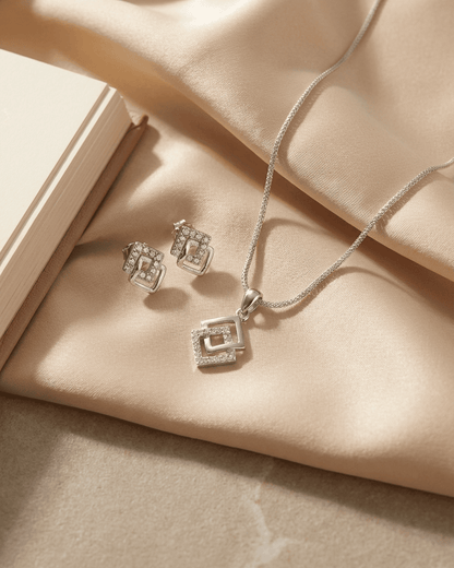 92.5 Sterling Silver Interlocking Square Pendant Set | Geometric CZ Studs (Chain Not Included)