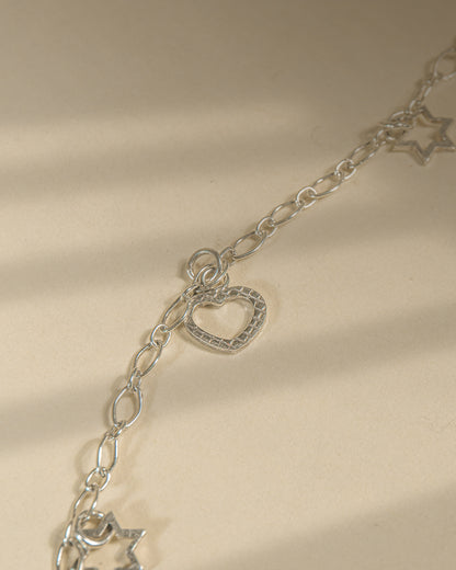 925 Sterling Silver Heart &amp; Star Charm Anklet (Pair) | Trendy Chain Payal for Women &amp; Girls