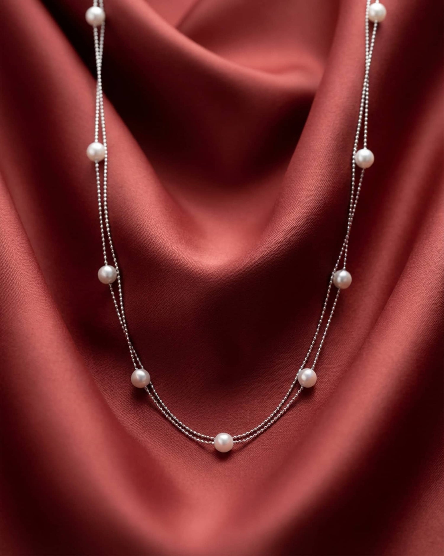 92.5 Sterling Silver Double Layer Pearl Station Necklace | Minimalist Dainty Chain