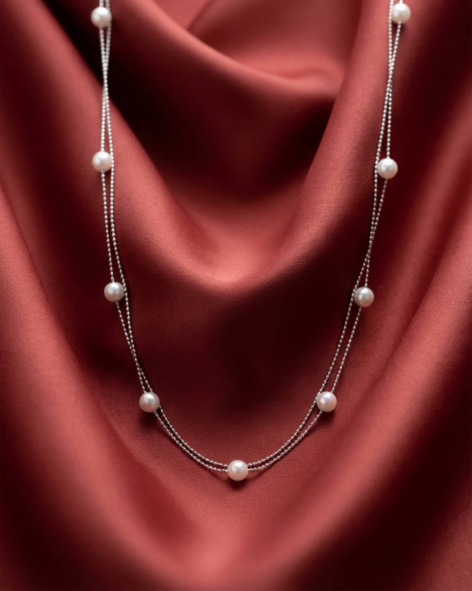 92.5 Sterling Silver Double Layer Pearl Station Necklace | Minimalist Dainty Chain