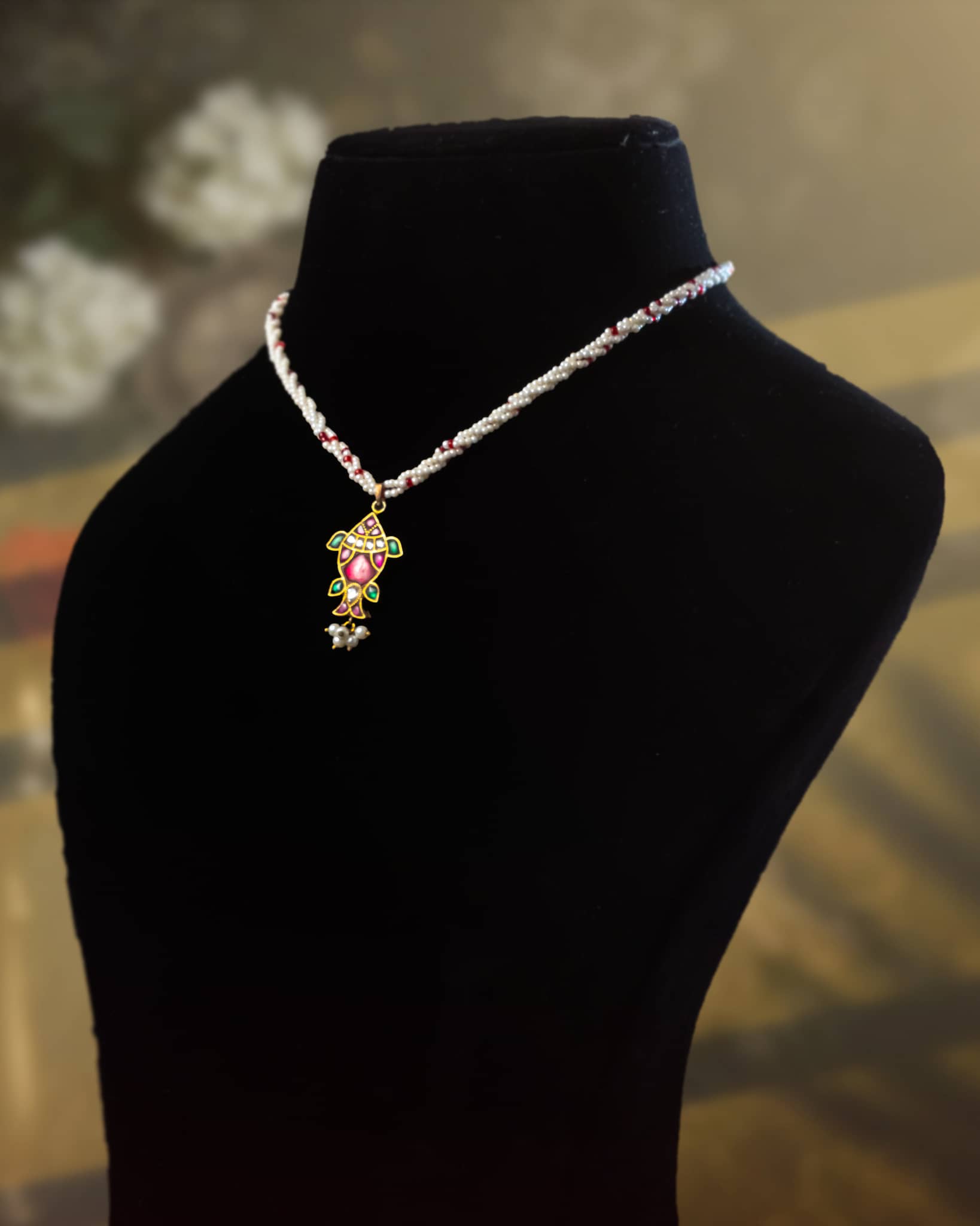 92.5 Sterling Silver Gold Plated Matsya Kundan Necklace | Fish Motif Pearl Strung Haar