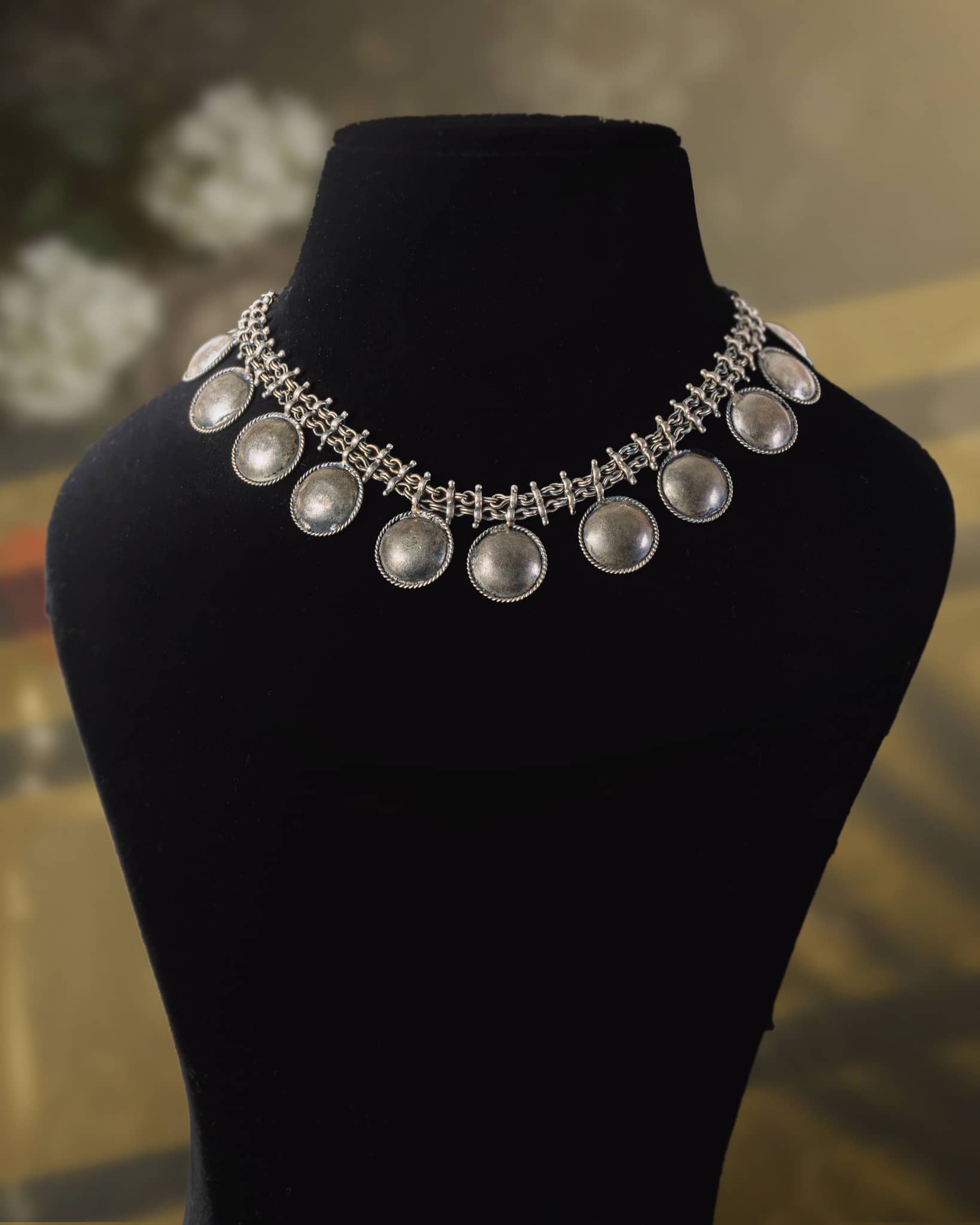 92.5 Sterling Silver Oxidized Plain Button Choker | Tribal Coin Style Necklace