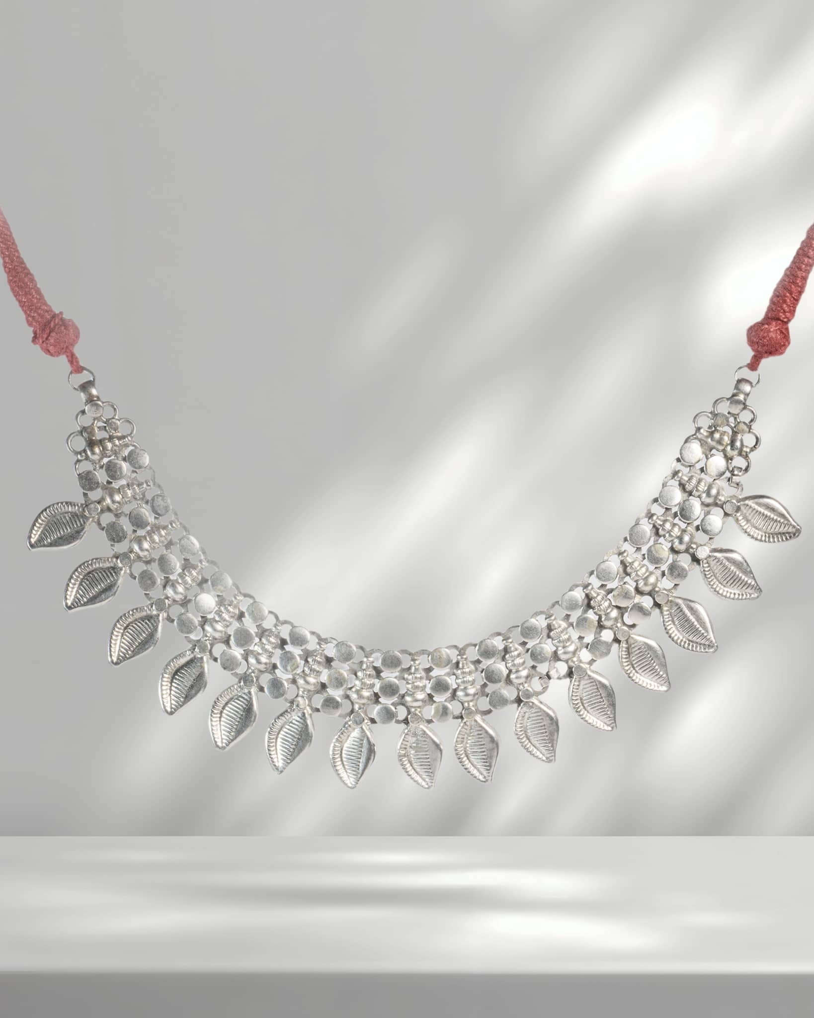 Oxidized 925 Sterling Silver Leaf Motif Choker on Red Thread | Tribal Boho Necklace