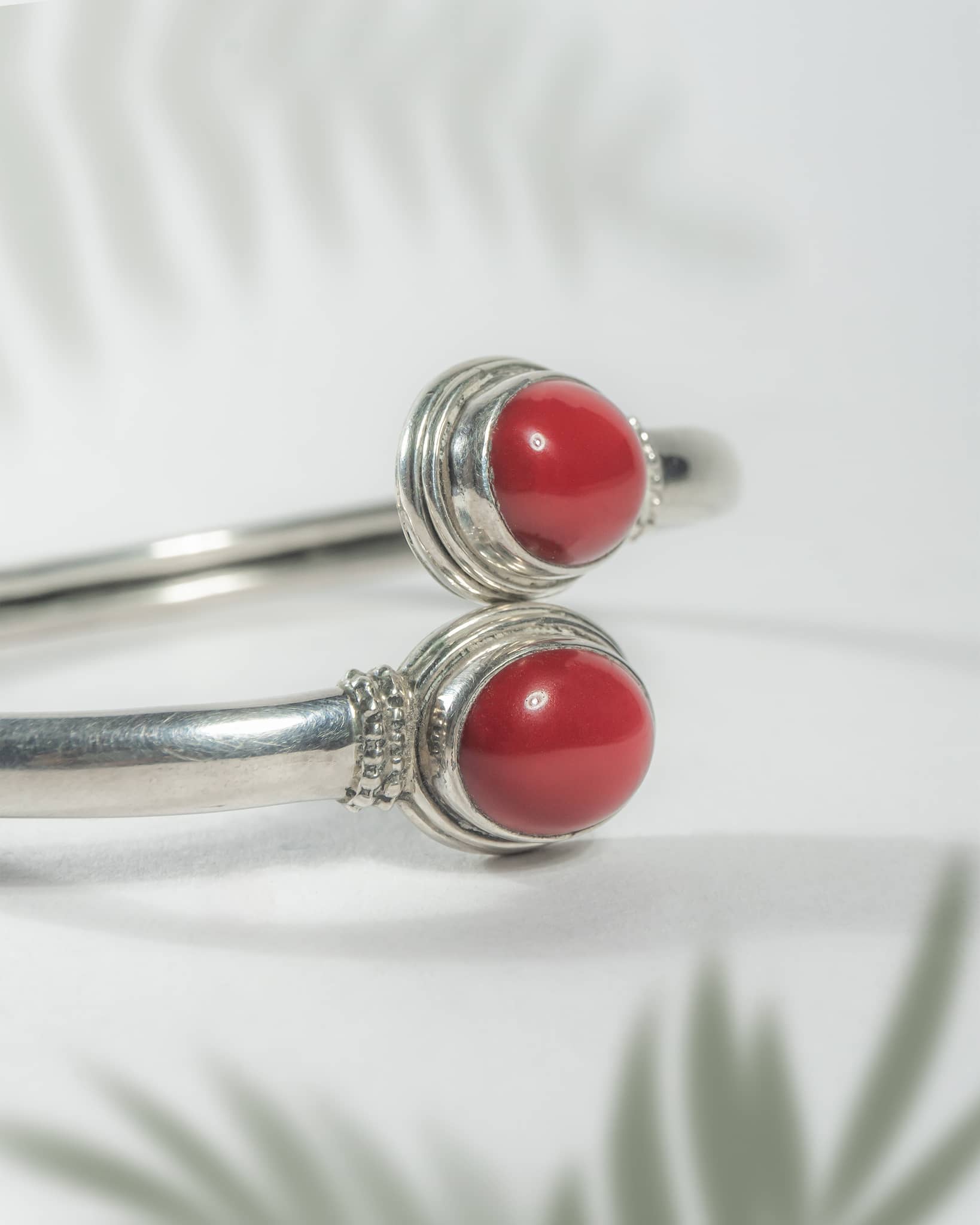 Silver Open Cuff Kada with Red Onyx Stone | Modern Adjustable Bangle