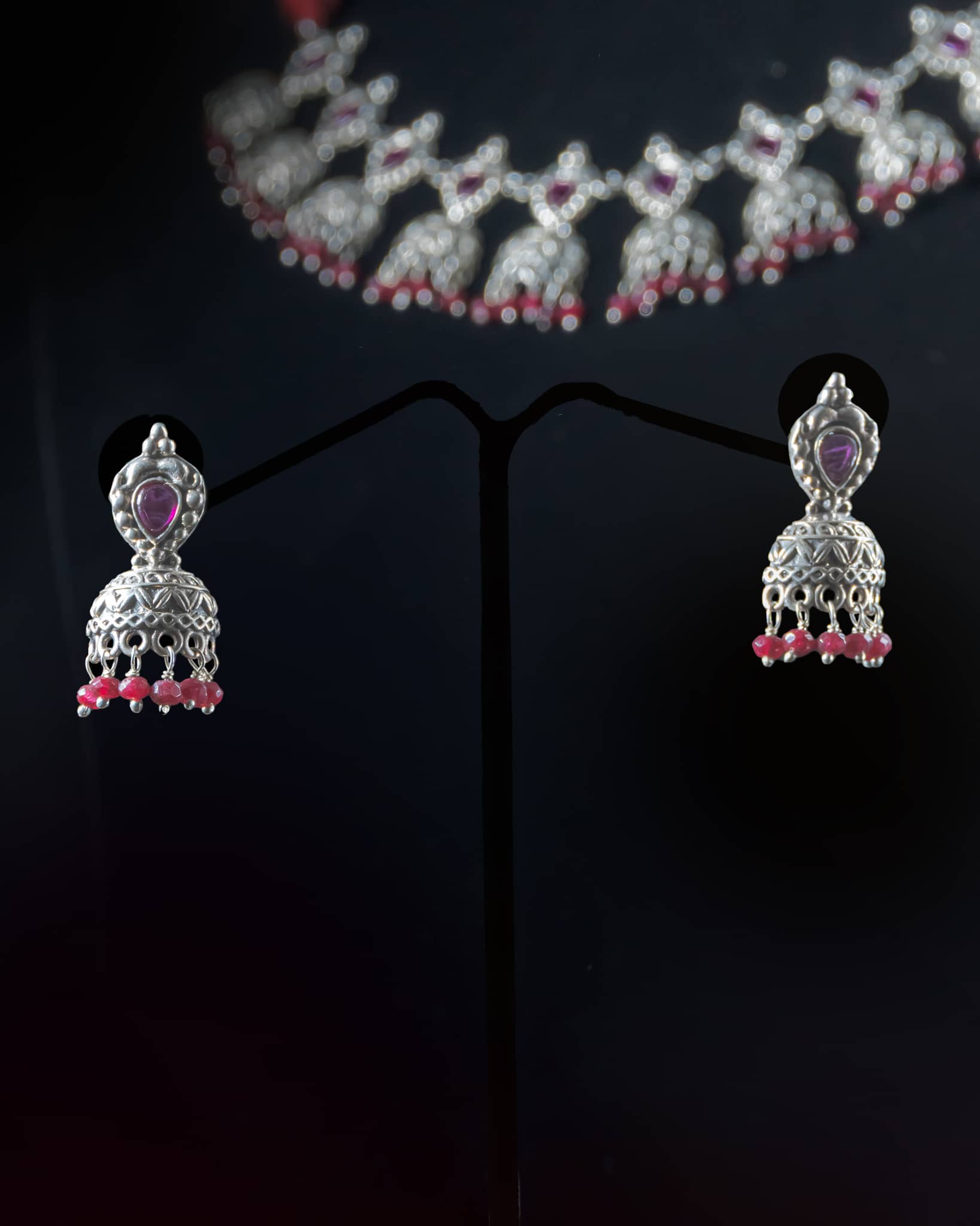 92.5 Sterling Silver Oxidized Red Stone Bridal Necklace Set | Peacock Jhumki Haar with Earrings