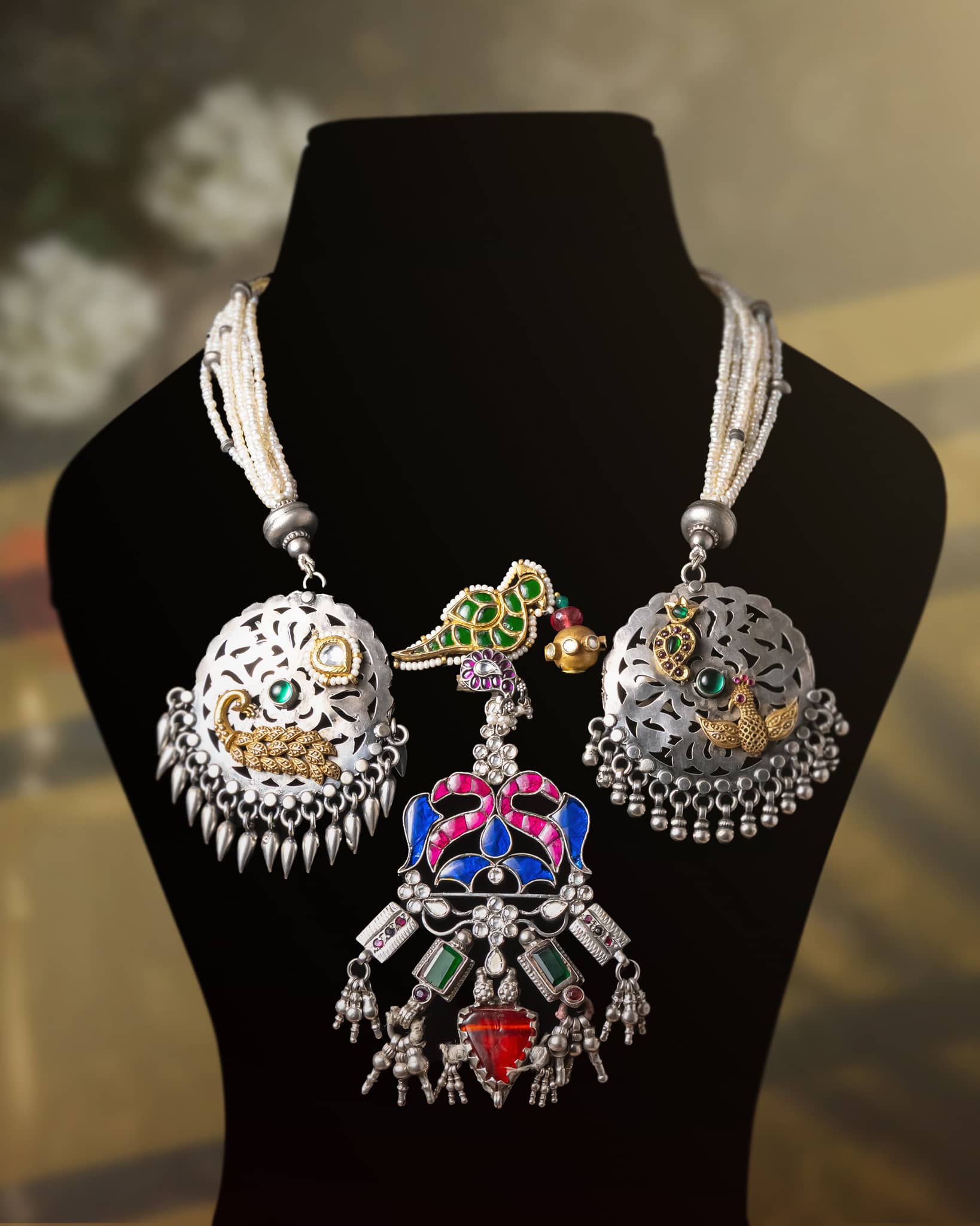 92.5 Sterling Silver Dual Tone Peacock Enamel Statement Necklace | Pearl Strung Aad
