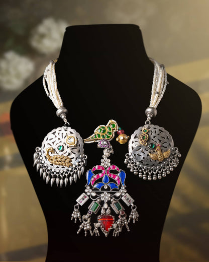 92.5 Sterling Silver Dual Tone Peacock Enamel Statement Necklace | Pearl Strung Aad