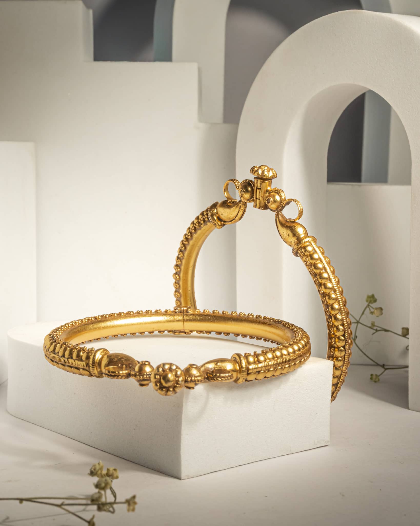 Premium 925 Silver Gold Plated Elephant Head (Gaja Mukh) Kada | Antique Nakshi Temple Bangle