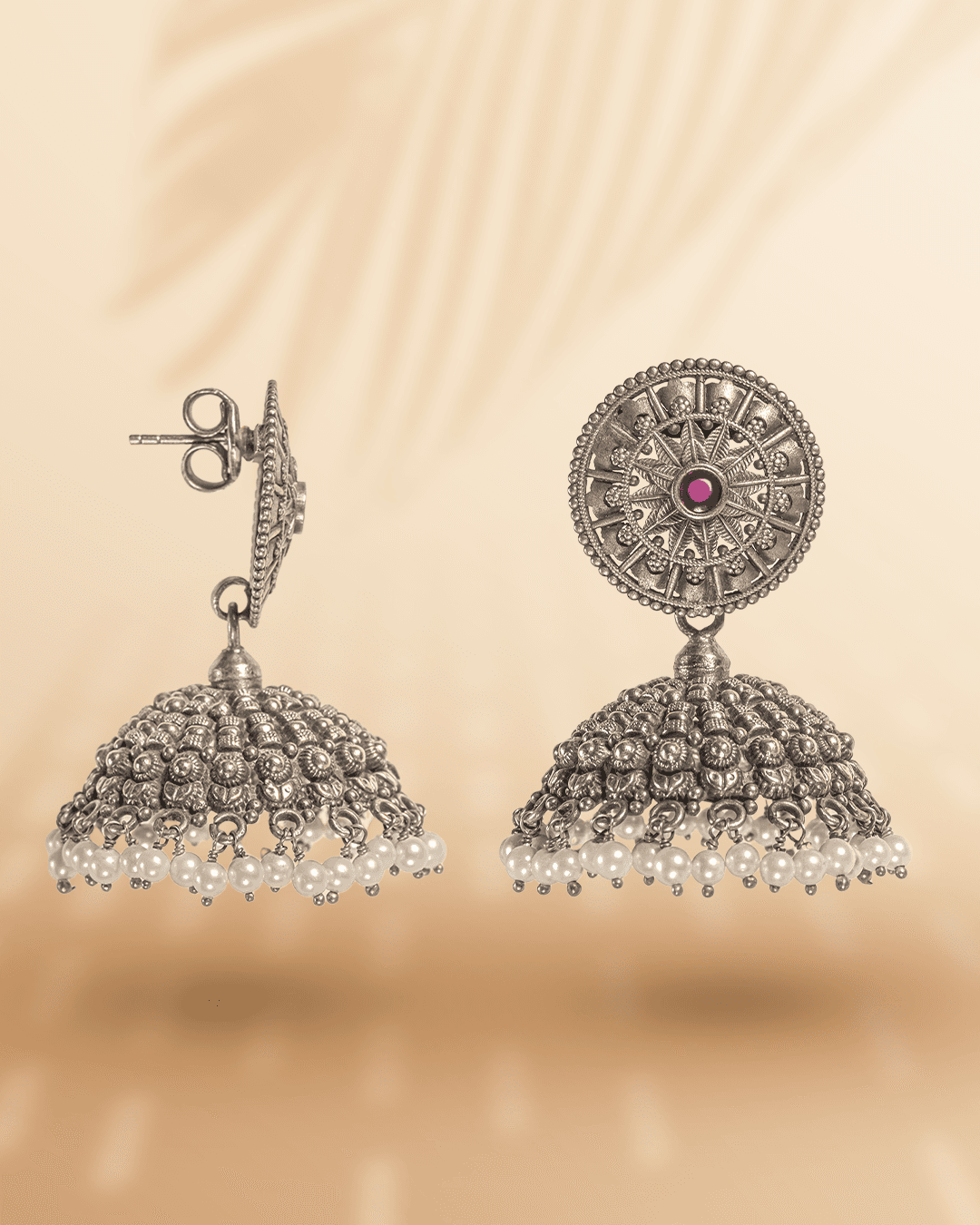 Oxidized 925 Sterling Silver Chakra Jhumka Earrings with Pink Stone & Pearls