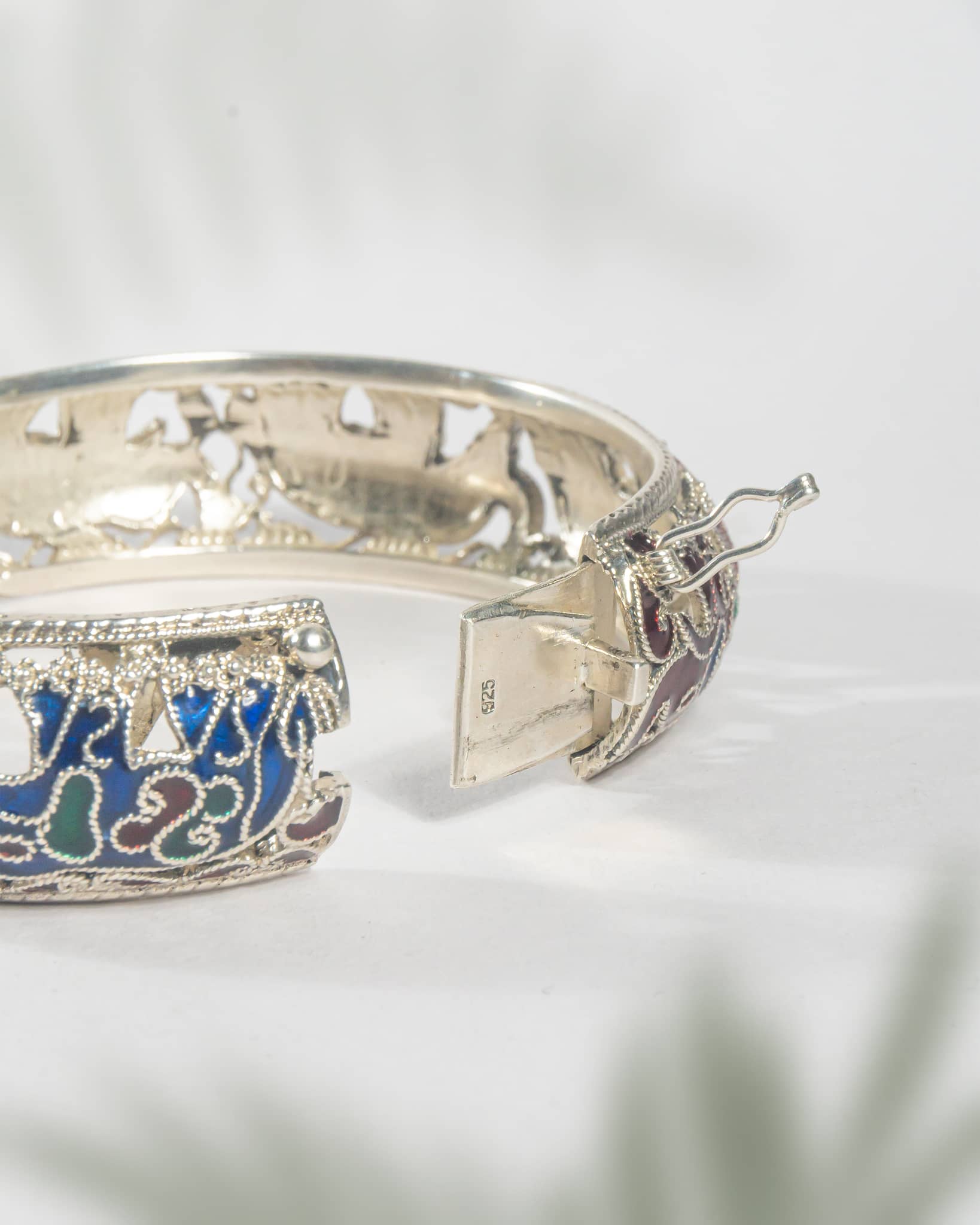 92.5 Sterling Silver Meenakari Elephant Bangle | Multicolor Enamel Traditional Kada