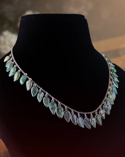 92.5 Sterling Silver Real Emerald Carved Leaf Necklace | Precious Gemstone Foliage Haar