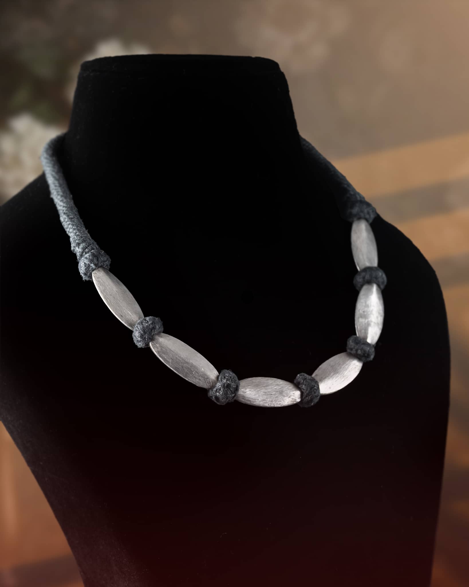 92.5 Sterling Silver Matte Oval Bead Necklace | Black Thread Knotted Dholki Mala
