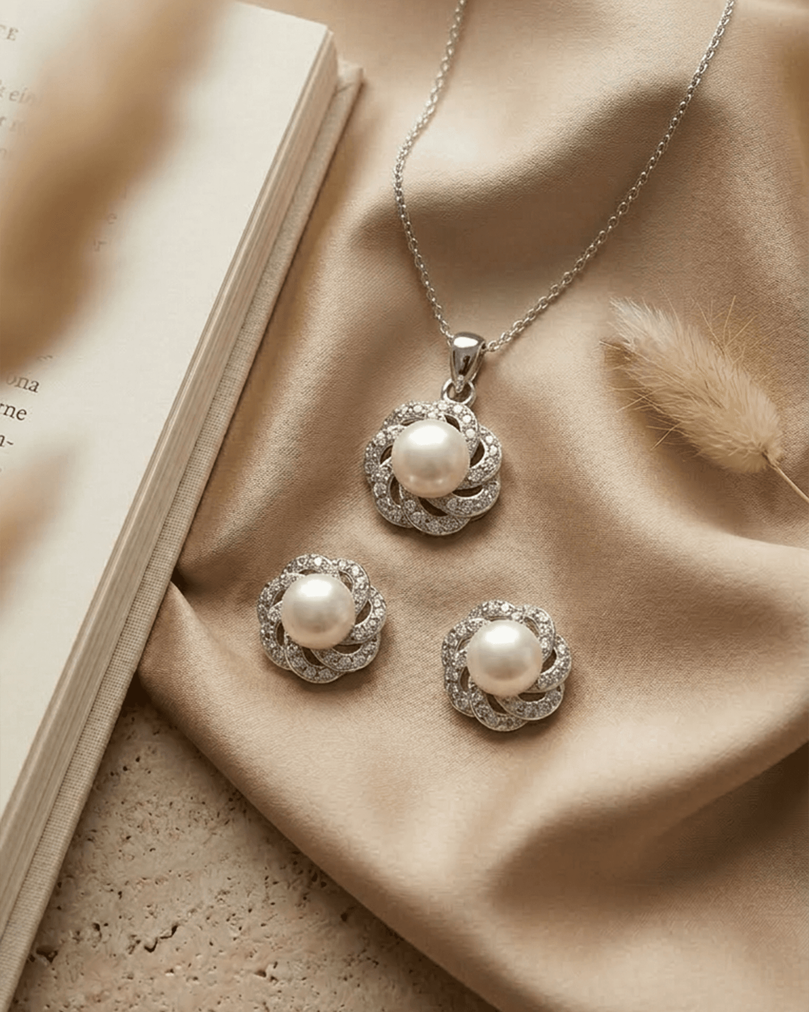 92.5 Sterling Silver Pearl & CZ Swirl Pendant Set | Floral Halo Studs (Chain Not Included)