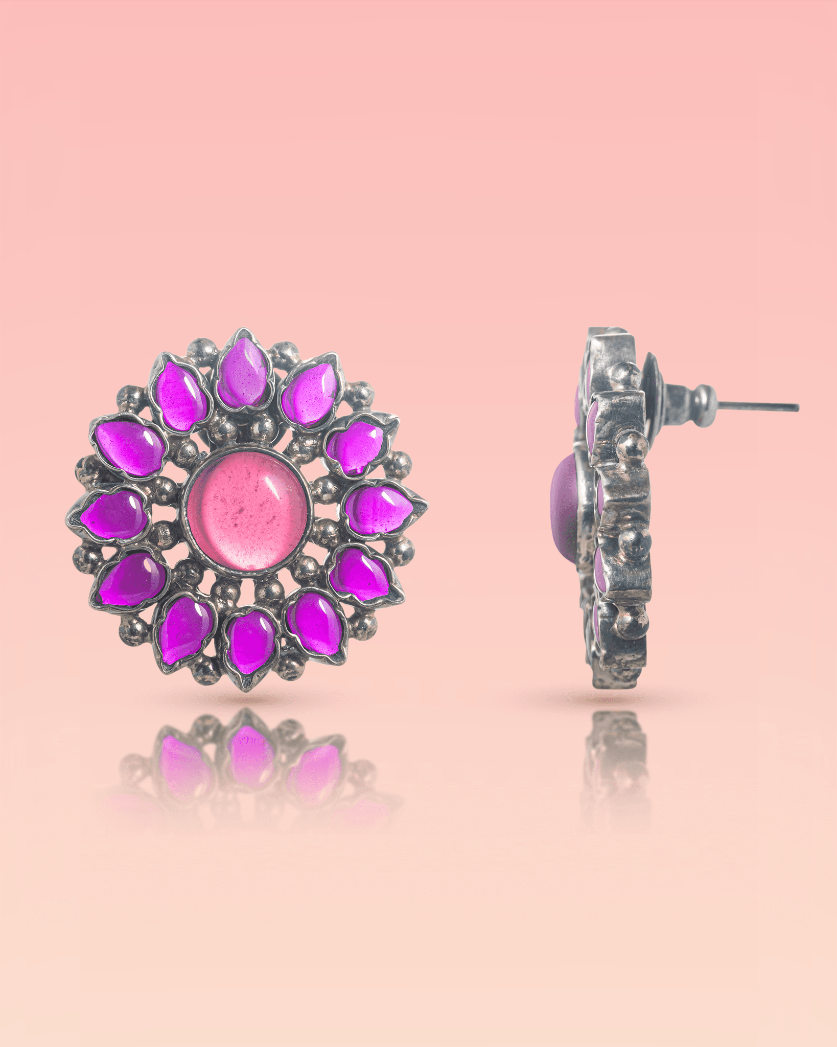 92.5 Sterling Silver Oxidized Floral Studs | Antique Pink Ruby Statement Earrings
