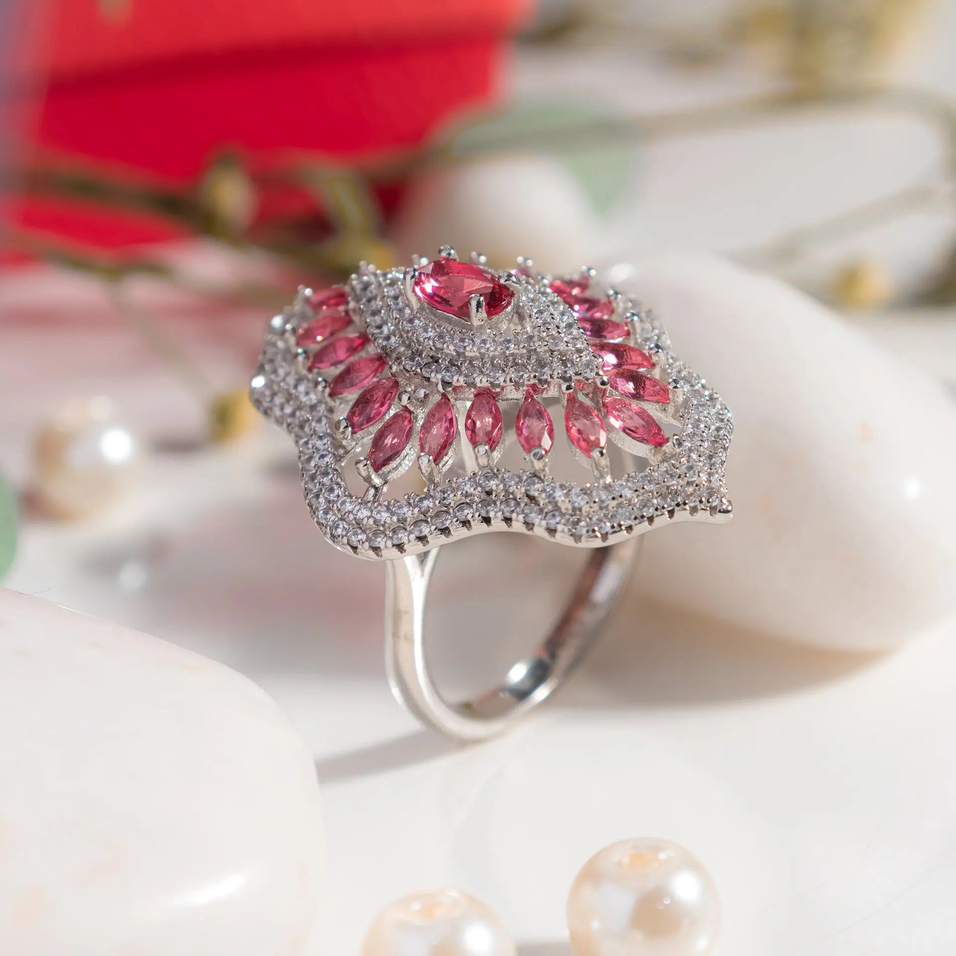 Red Floral Cocktail Ring Hardik Jewels