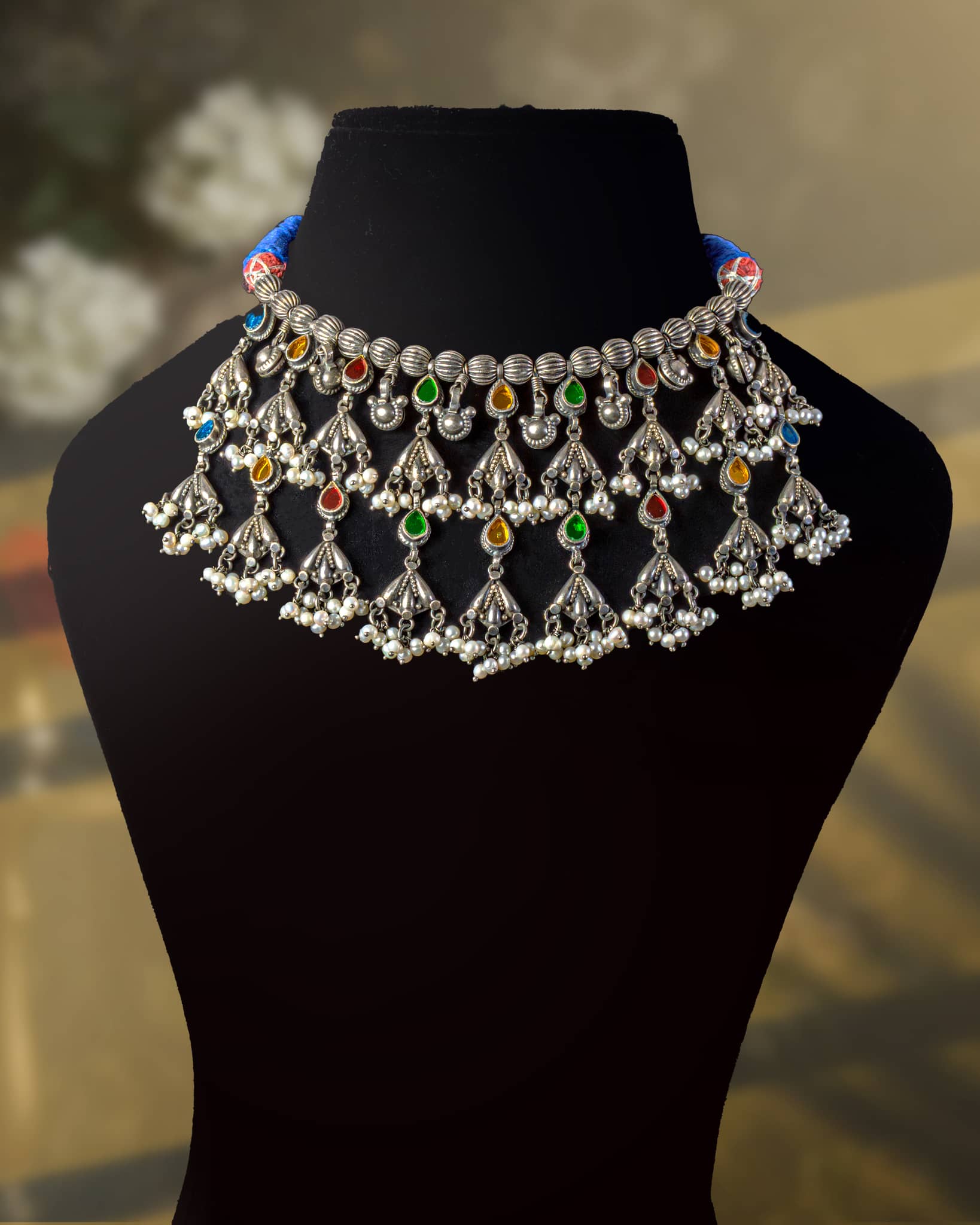 92.5 Sterling Silver Tree of Life (Kalpavriksha) Hasli Necklace | Multi-Color Stone Nature Collar