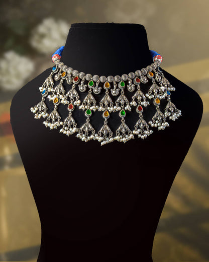 92.5 Sterling Silver Tree of Life (Kalpavriksha) Hasli Necklace | Multi-Color Stone Nature Collar