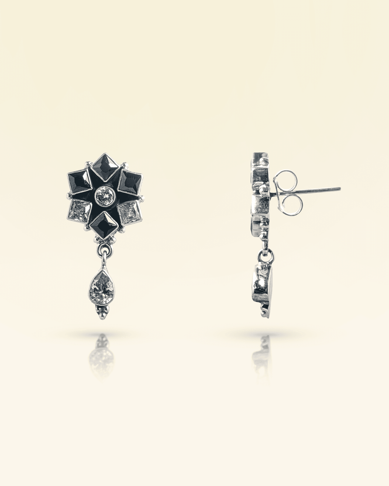 92.5 Sterling Silver Black &amp; Clear CZ Star Earrings | Oxidized Geometric Drop