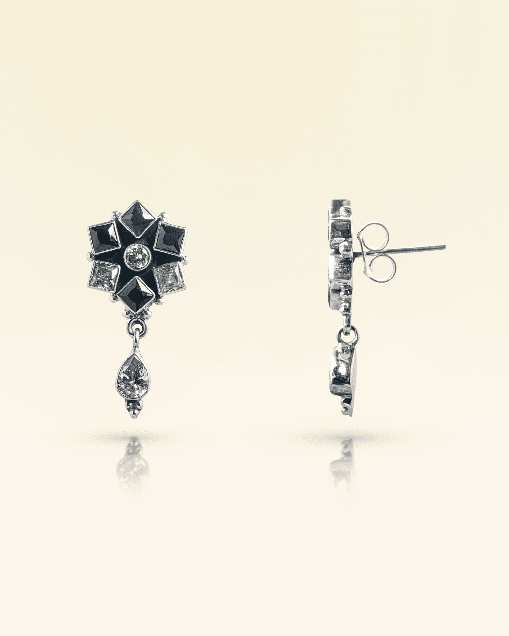 92.5 Sterling Silver Black & Clear CZ Star Earrings | Oxidized Geometric Drop