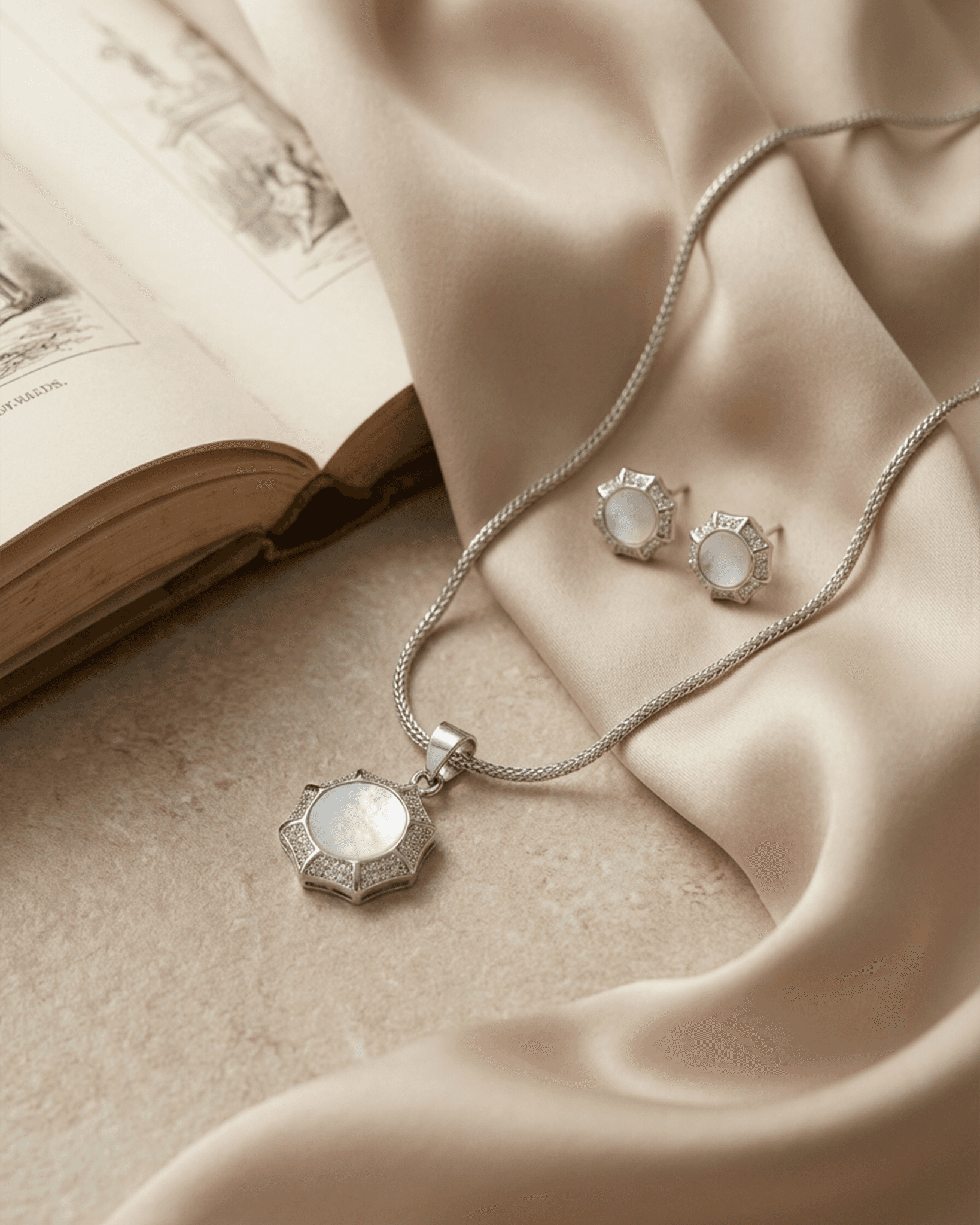 92.5 Sterling Silver Mother of Pearl Pendant Set | CZ Star Halo Studs (Chain Not Included)