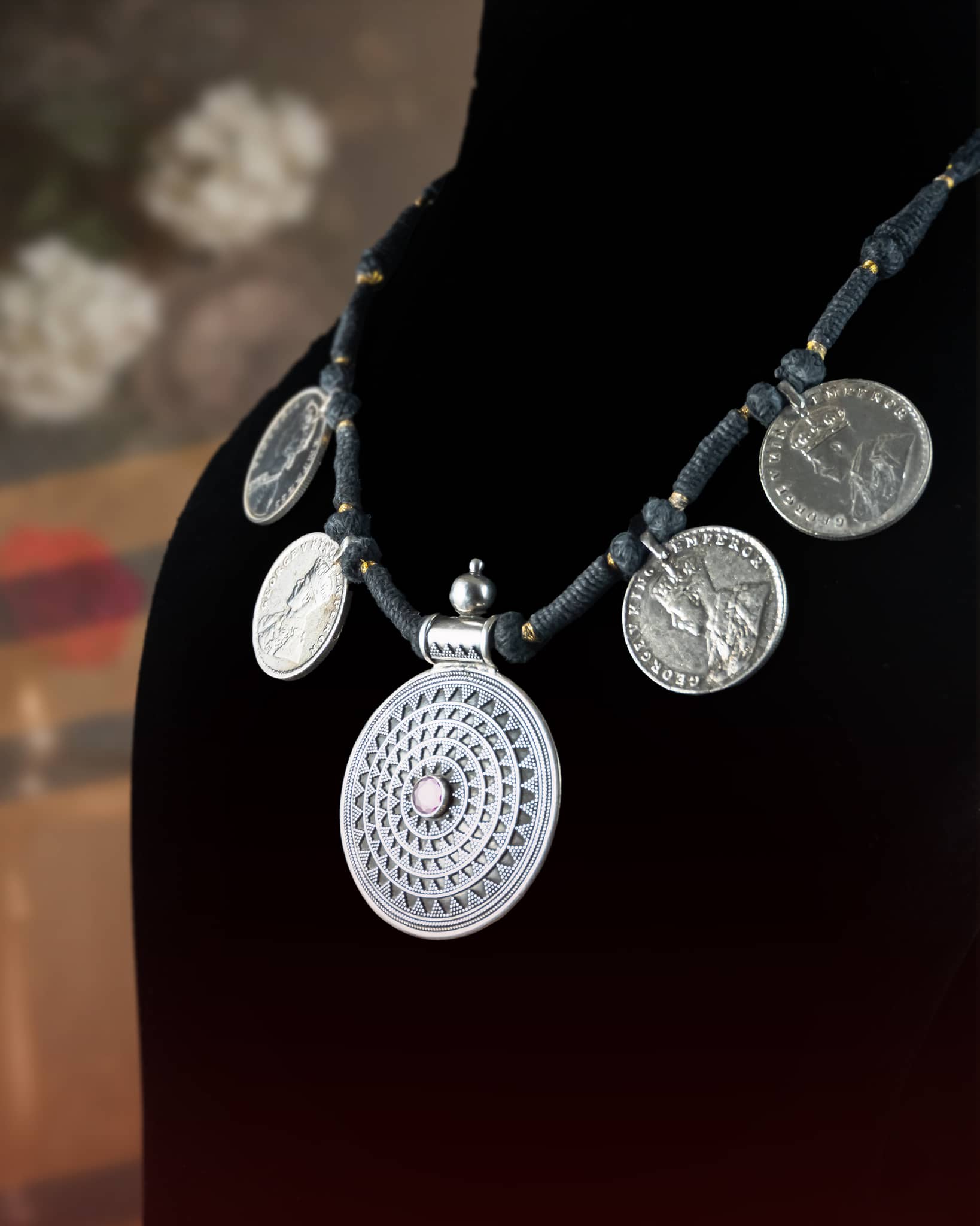 92.5 Sterling Silver Tribal Coin Necklace | Black Thread Dori Statement Pendant