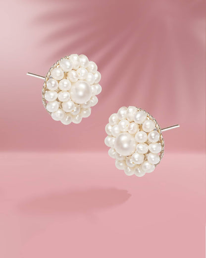 925 Sterling Silver Pearl Cluster Stud Earrings | Vintage Floral Seed Pearl Tops