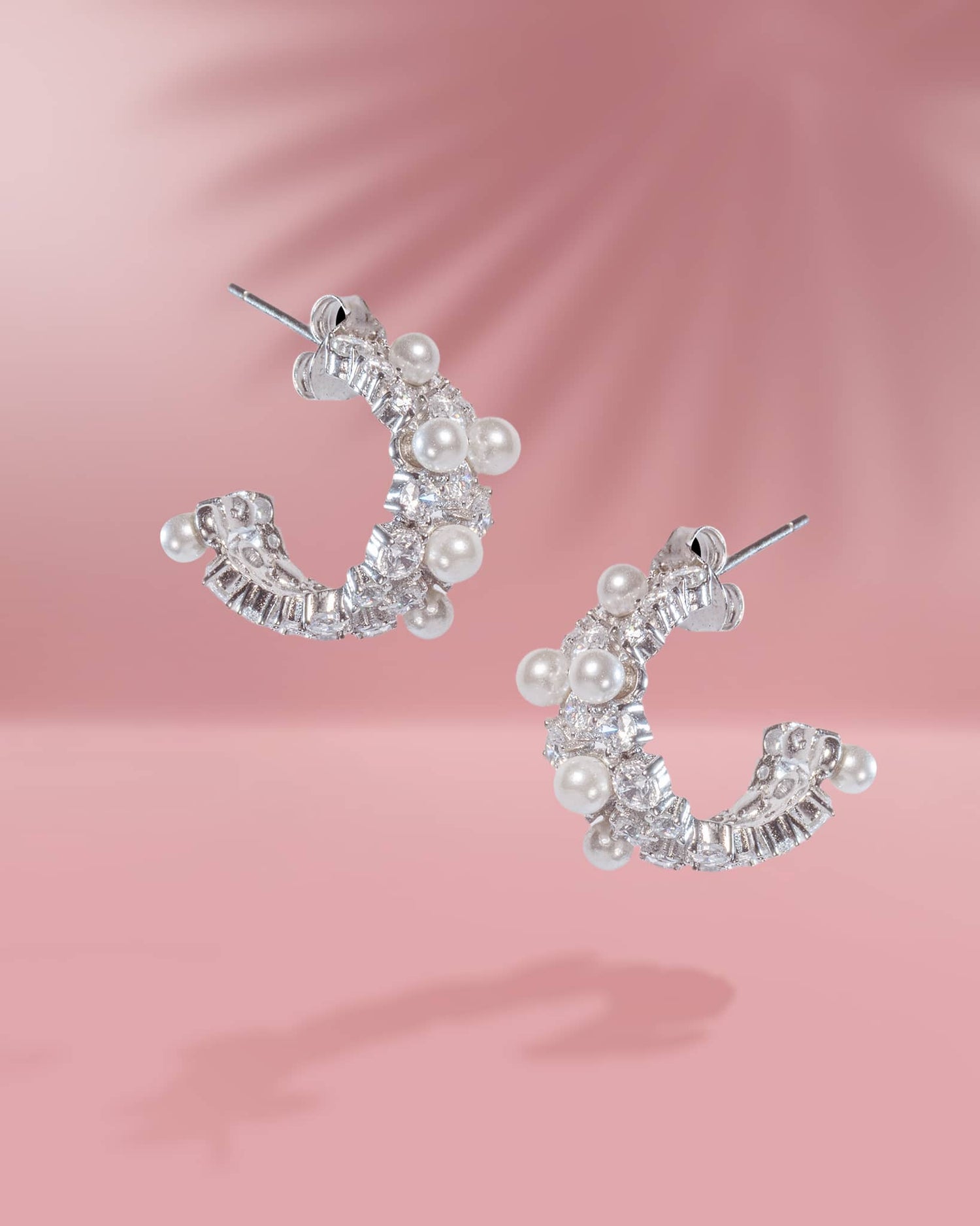 Premium 925 Sterling Silver Pearl &amp; AD Hoop Earrings | Luxury Broad Half-Bali