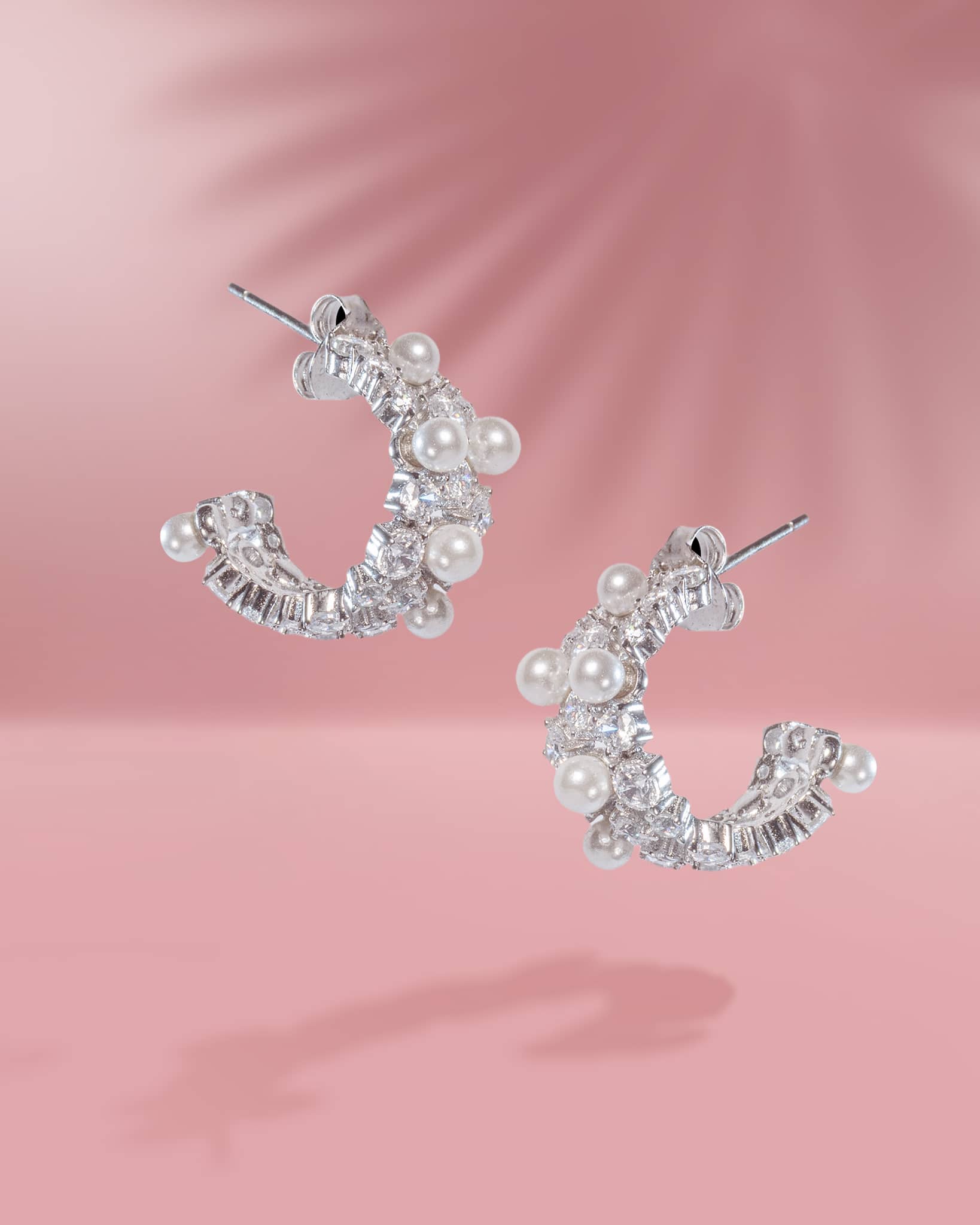 Premium 925 Sterling Silver Pearl & AD Hoop Earrings | Luxury Broad Half-Bali