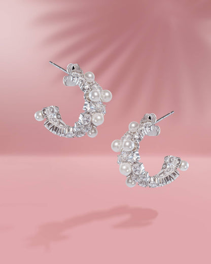 Premium 925 Sterling Silver Pearl &amp; AD Hoop Earrings | Luxury Broad Half-Bali