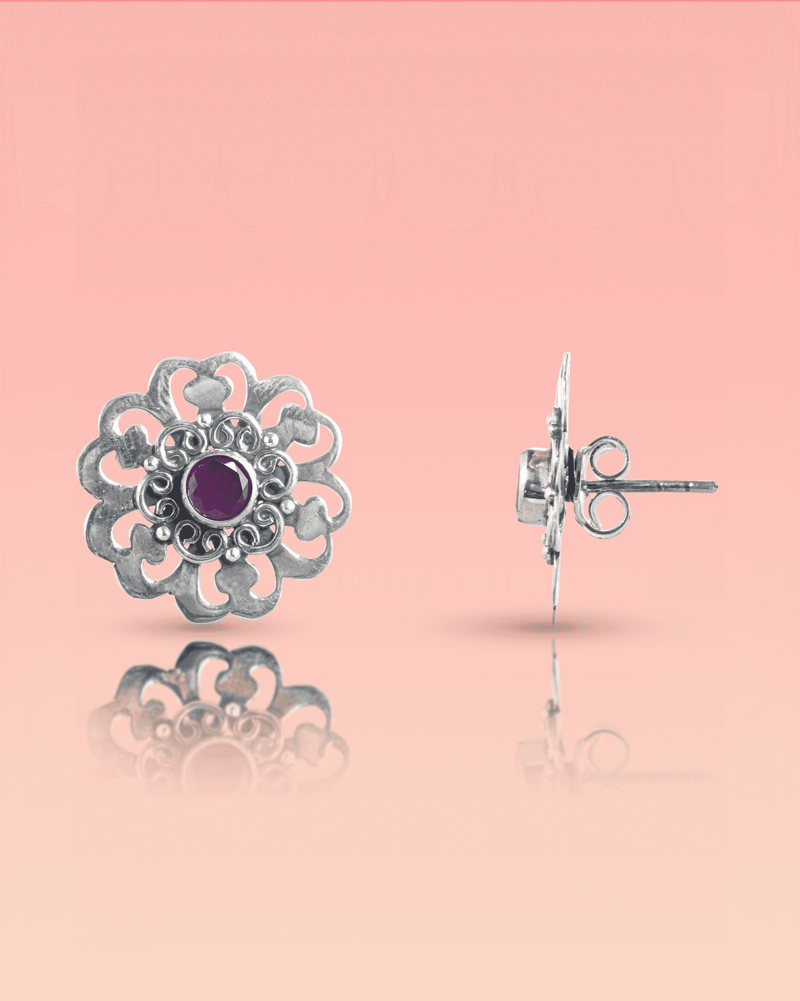 92.5 Sterling Silver Oxidized Floral Studs | Ruby Center Cut-Out Earrings